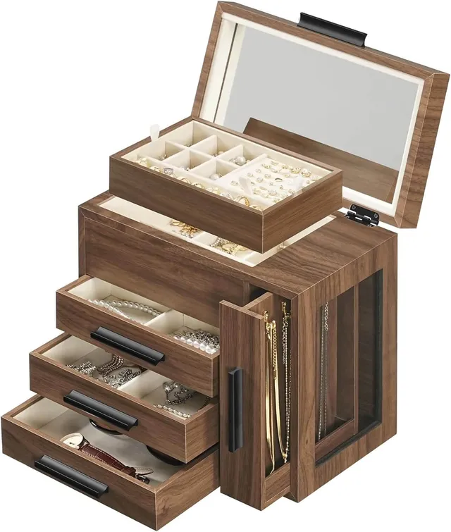 hoobro-jewelry-boxes-bo-te-bijoux-bois-noyer-miroir image 1