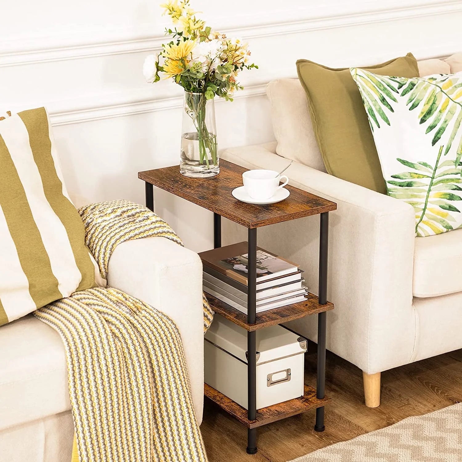 hoobro-side-tables-bout-de-canap-3-niveaux-marron image 2