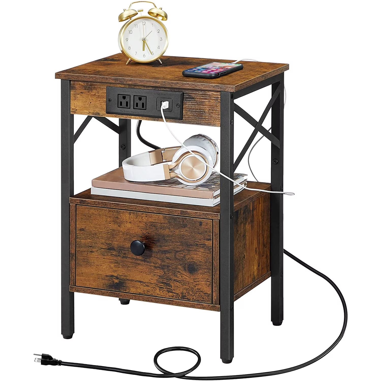 hoobro-table-de-chevet-avec-station-de-charge-marron-tiroir image 3