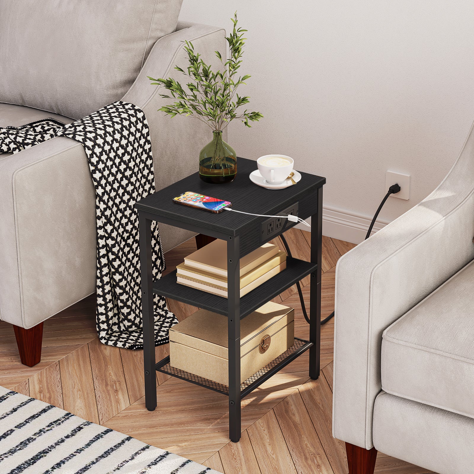 hoobro-side-tables-table-d-appoint-3-niveaux-noire-usb-type-c image 4