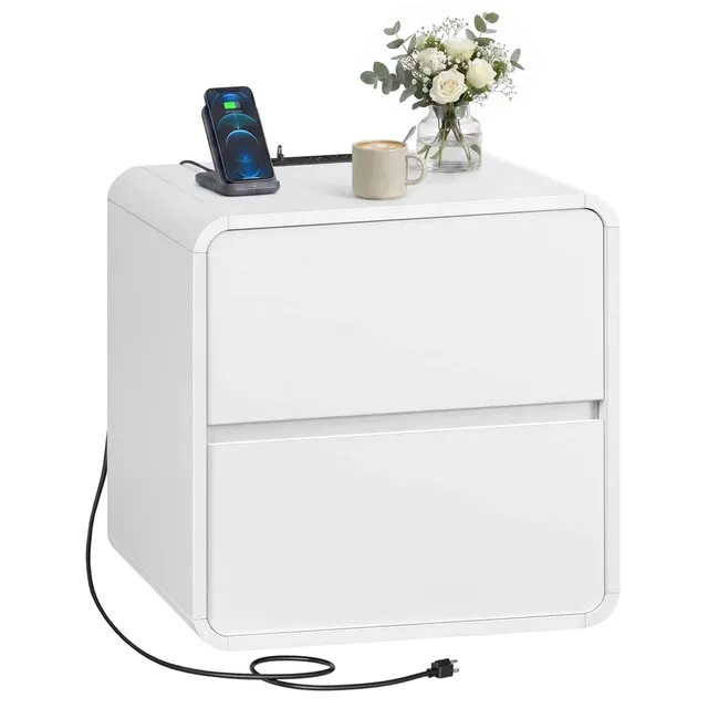 hoobro-nightstands-chevet-blanc-bois-avec-prise-et-tiroirs image 1