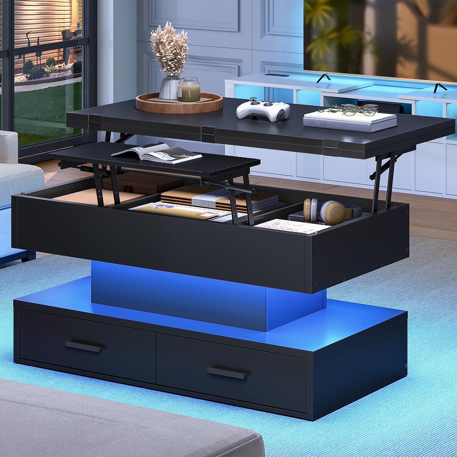 hoobro-coffee-tables-table-basse-noire-relevable-led-rangement image 5