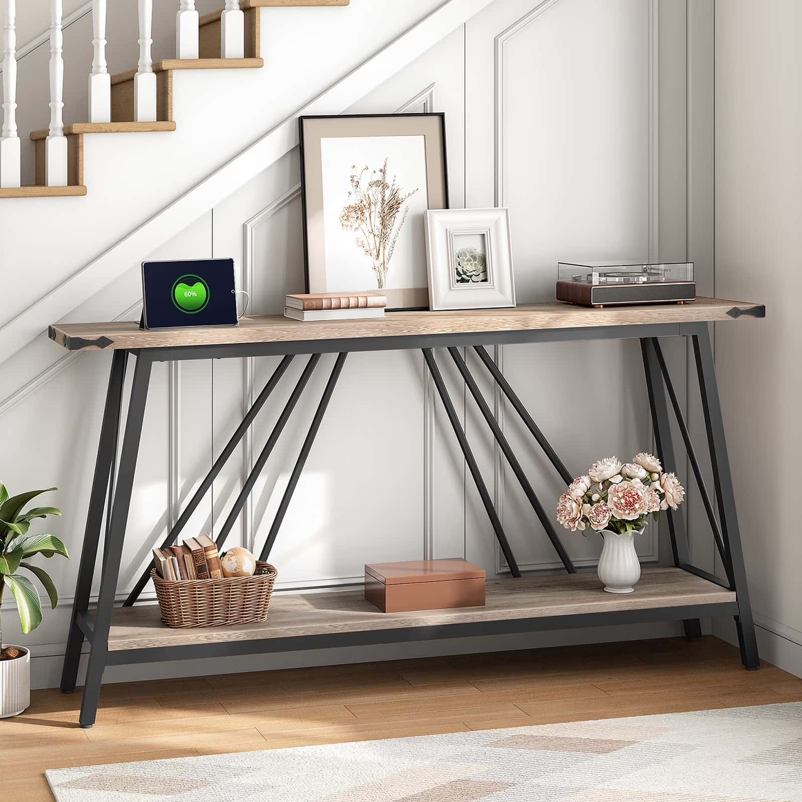 hoobro-console-table-meuble-entr-e-greige-2-niveaux-avec-prise image 2