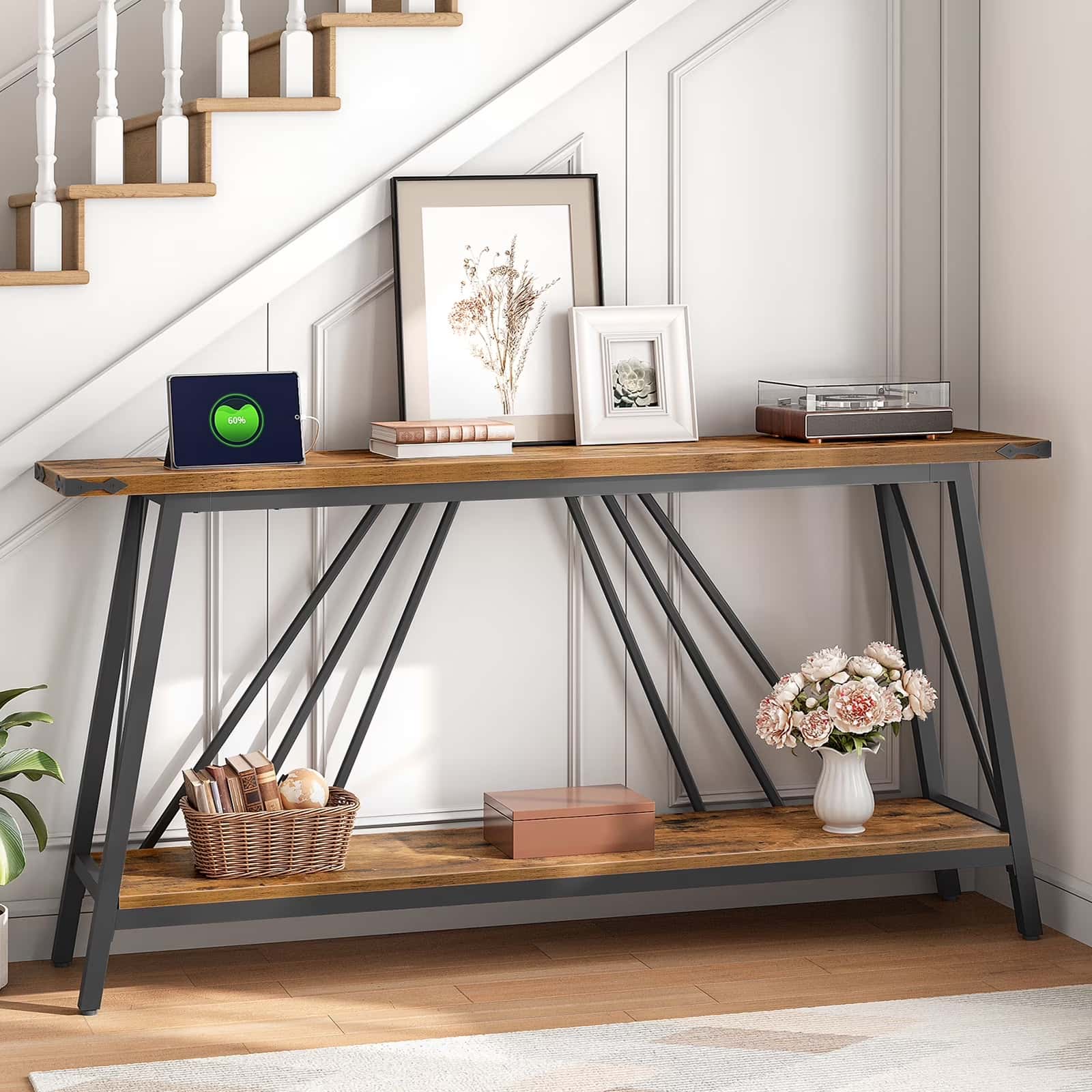 hoobro-console-table-console-entr-e-marron-2-niveaux-usb image 2