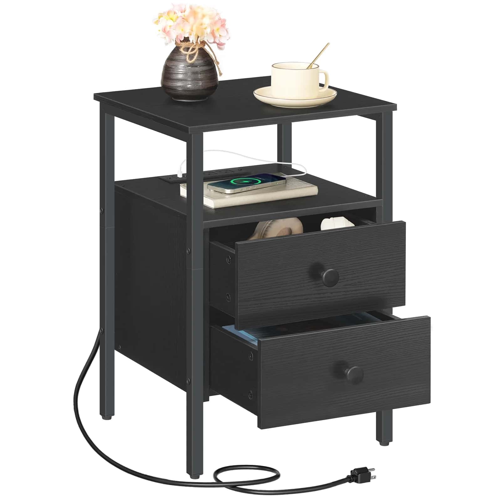 hoobro-nightstands-table-chevet-2-tiroirs-prises-noire image 1