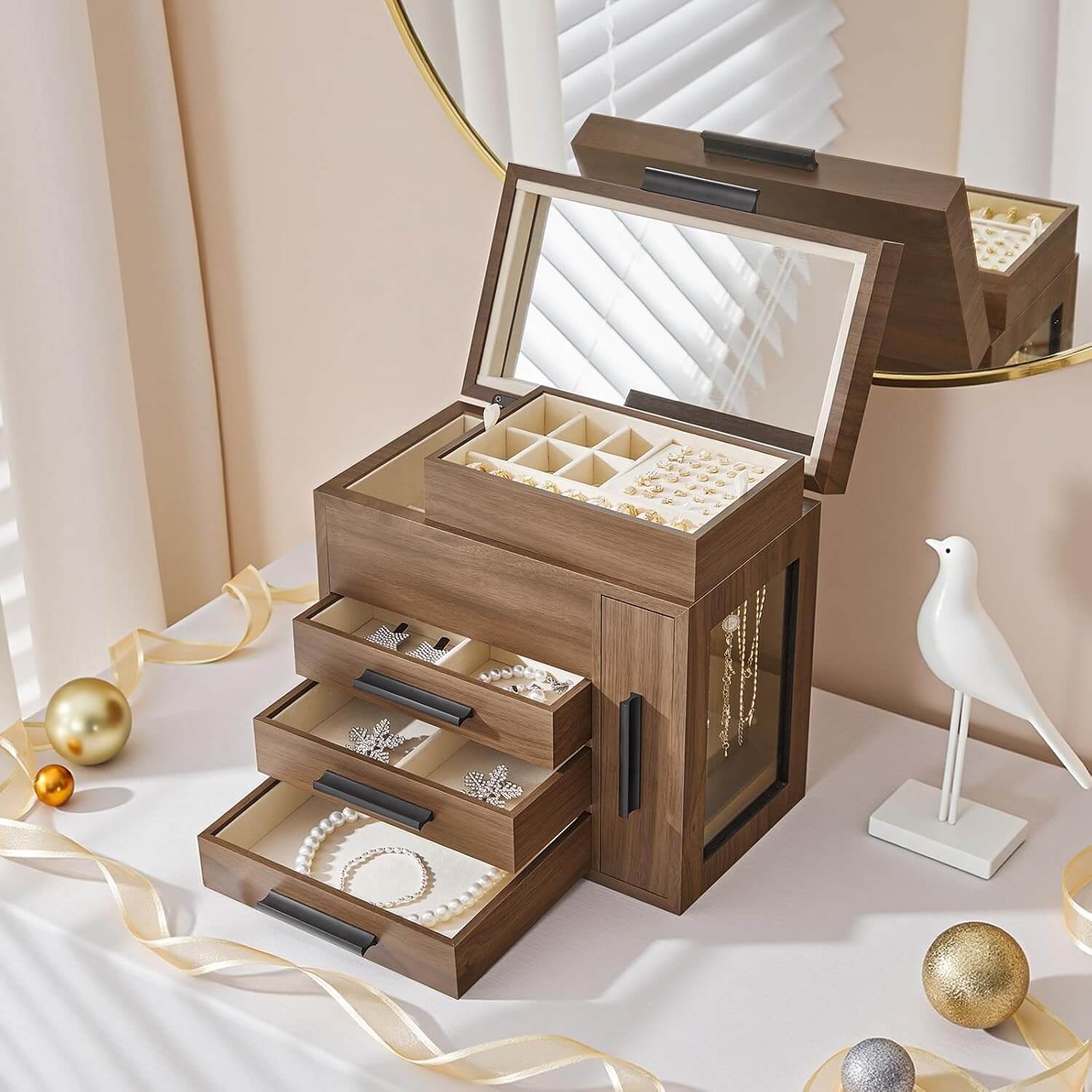 hoobro-jewelry-boxes-bo-te-bijoux-bois-noyer-miroir image 2
