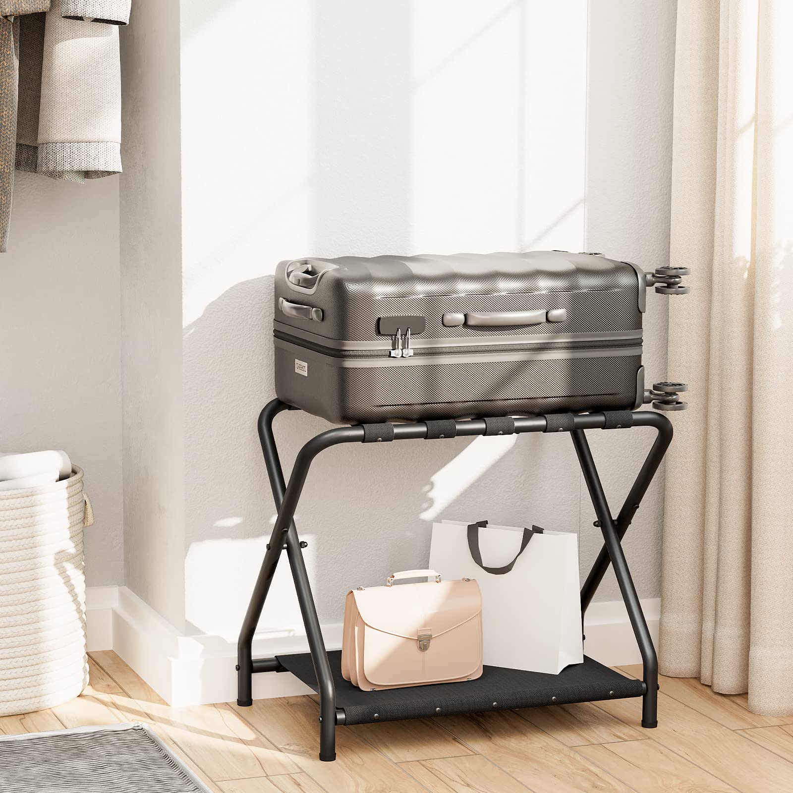 hoobro-porte-bagages-pliant-noir-avec-tag-re-tissu image 2