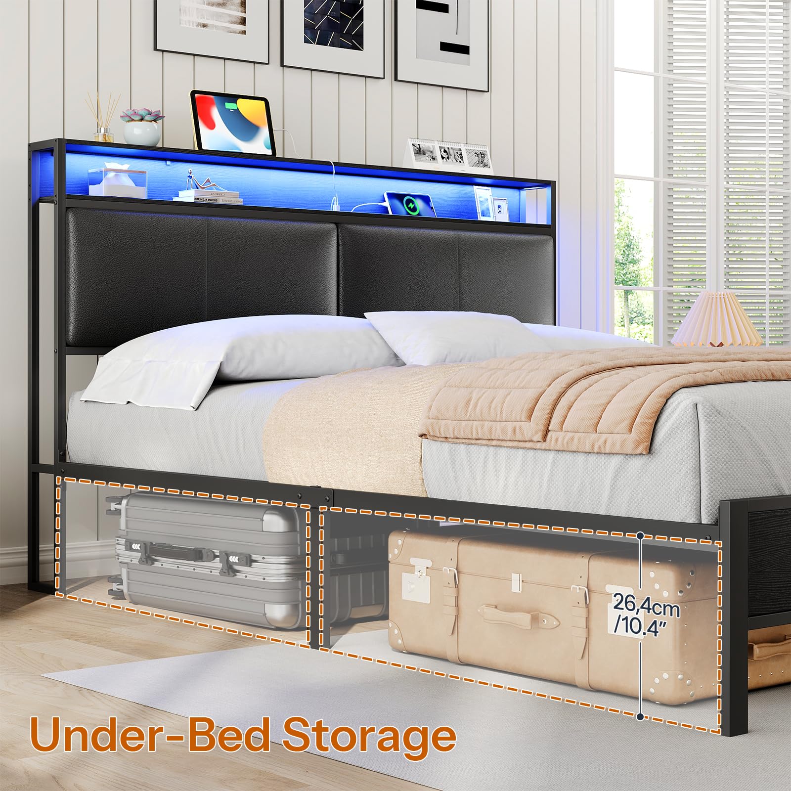 hoobro-bed-frames-cadre-de-lit-queen-m-tal-led-noir-usb image 6