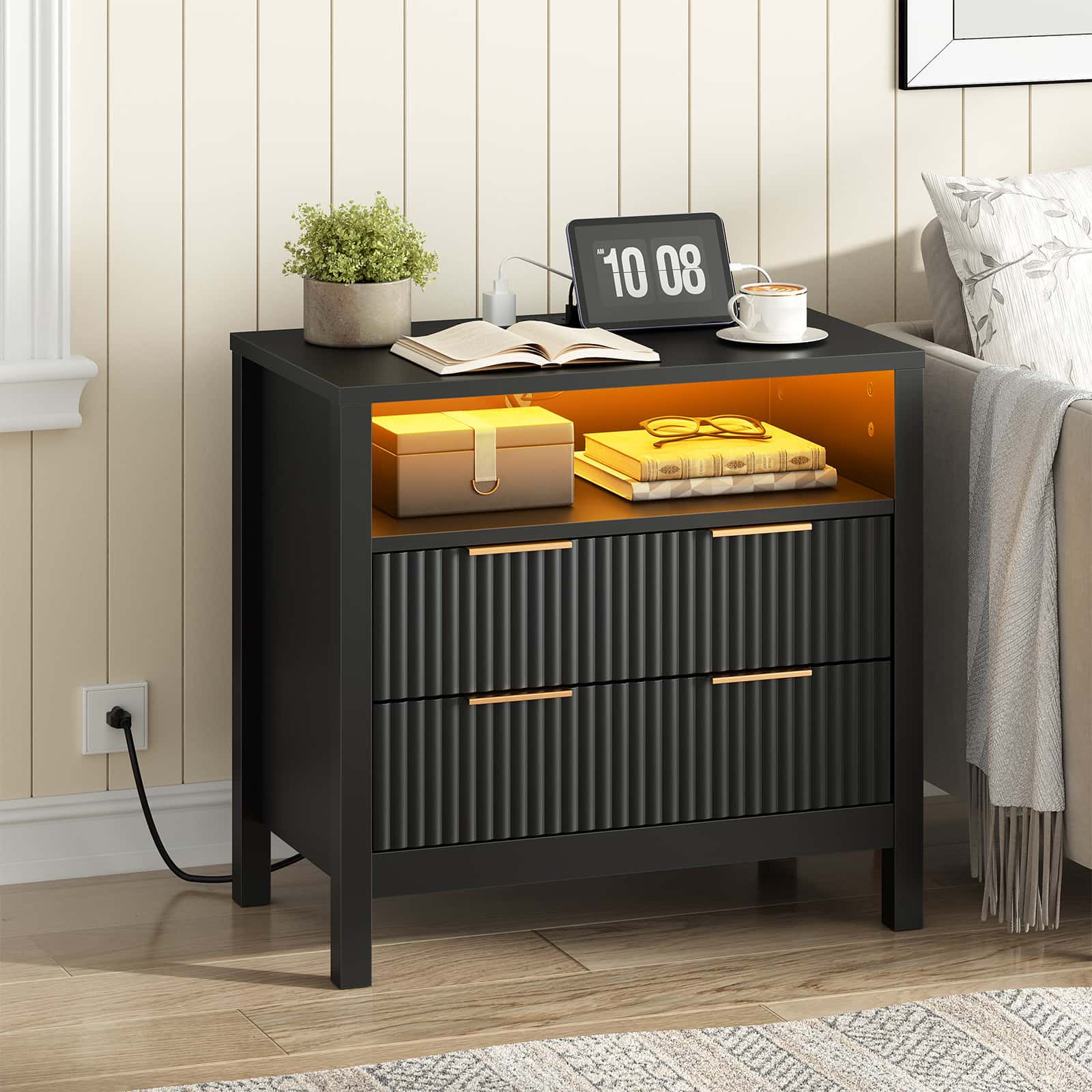 hoobro-table-chevet-led-noire-70cm-prise-usb-c image 2