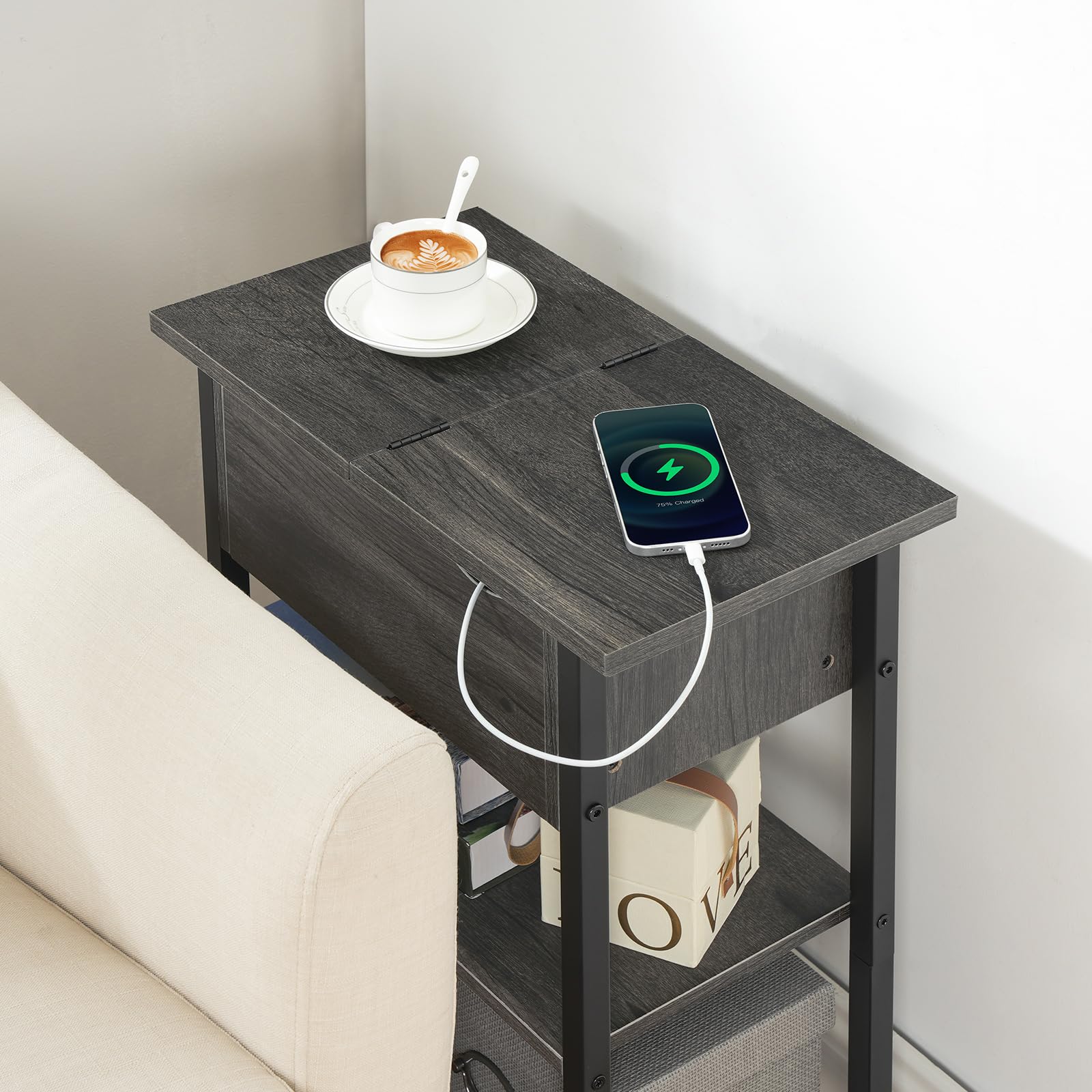 hoobro-bc341bz01-table-de-chevet-noire-troite-avec-prise image 4