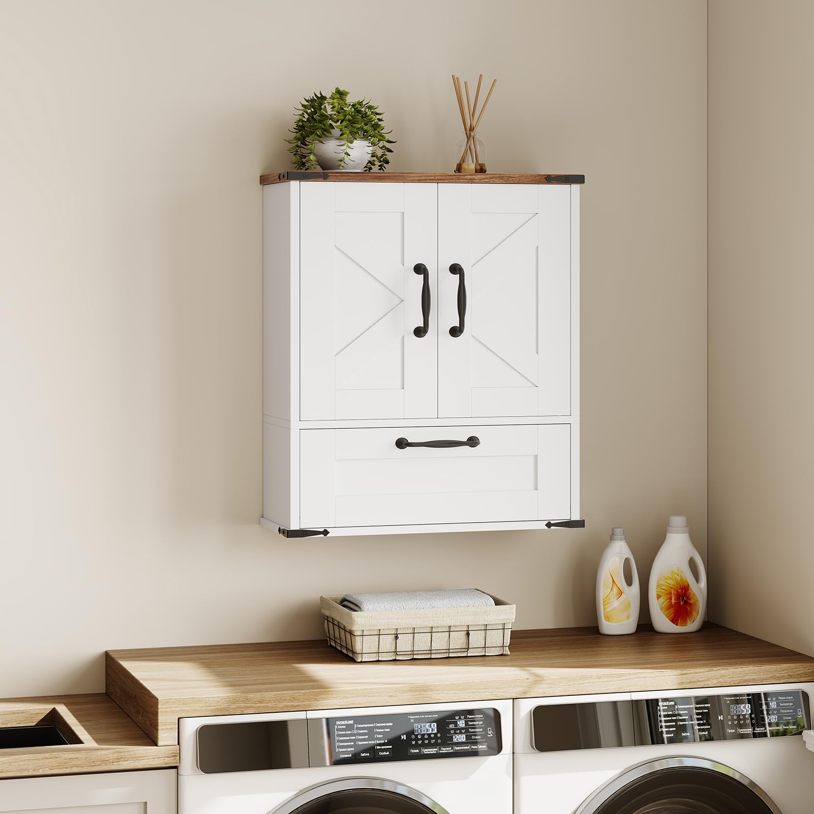 hoobro-armoire-murale-salle-de-bain-blanche-tiroir-farmhouse image 6