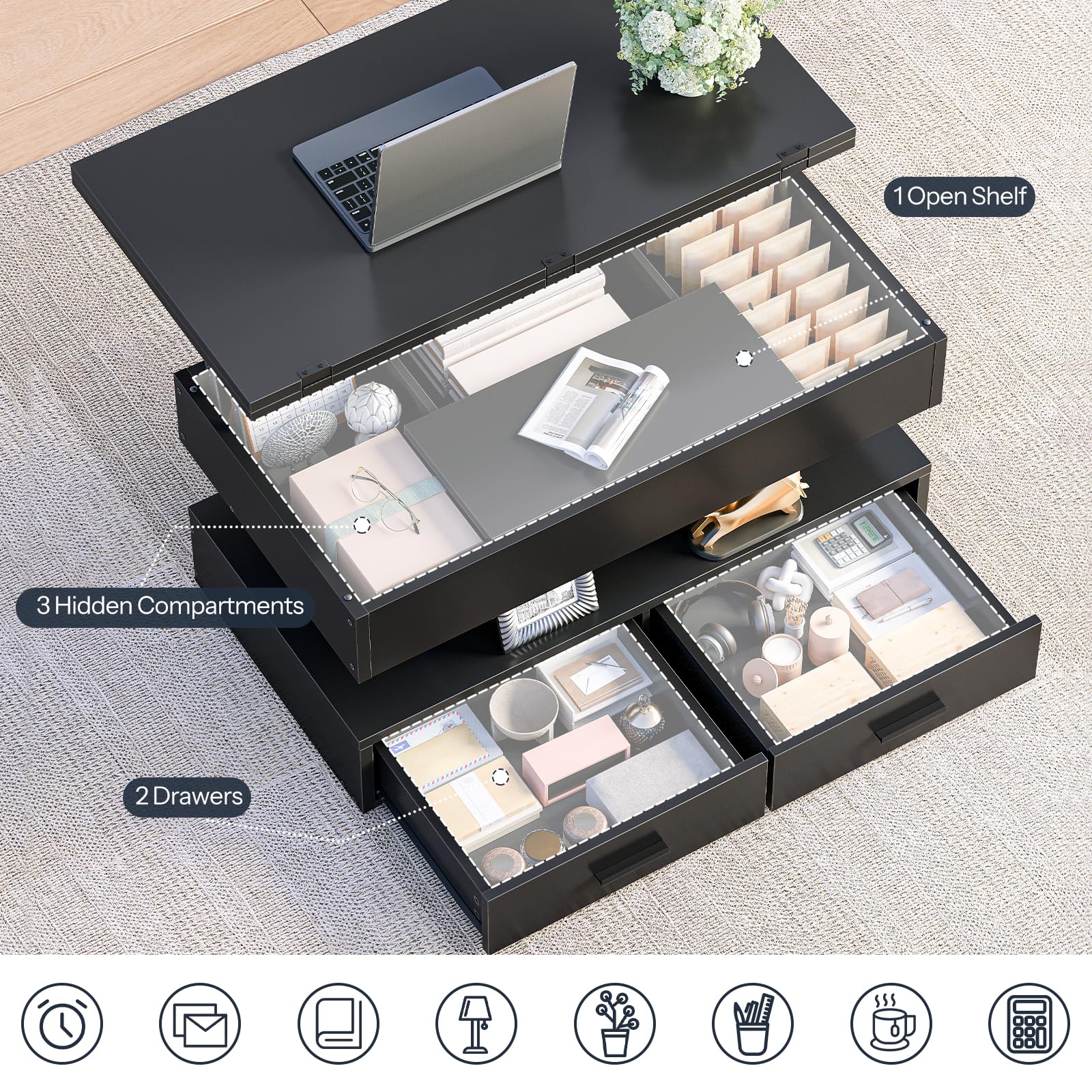 hoobro-coffee-tables-table-basse-noire-relevable-led-rangement image 7