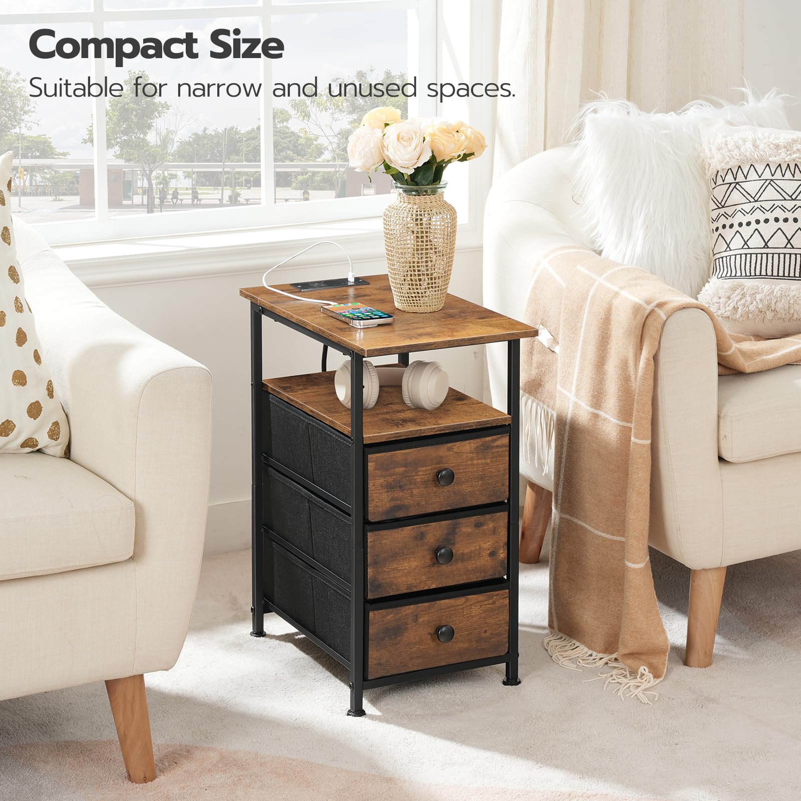 hoobro-side-tables-table-chevet-marron-avec-prise-3-tiroirs image 6