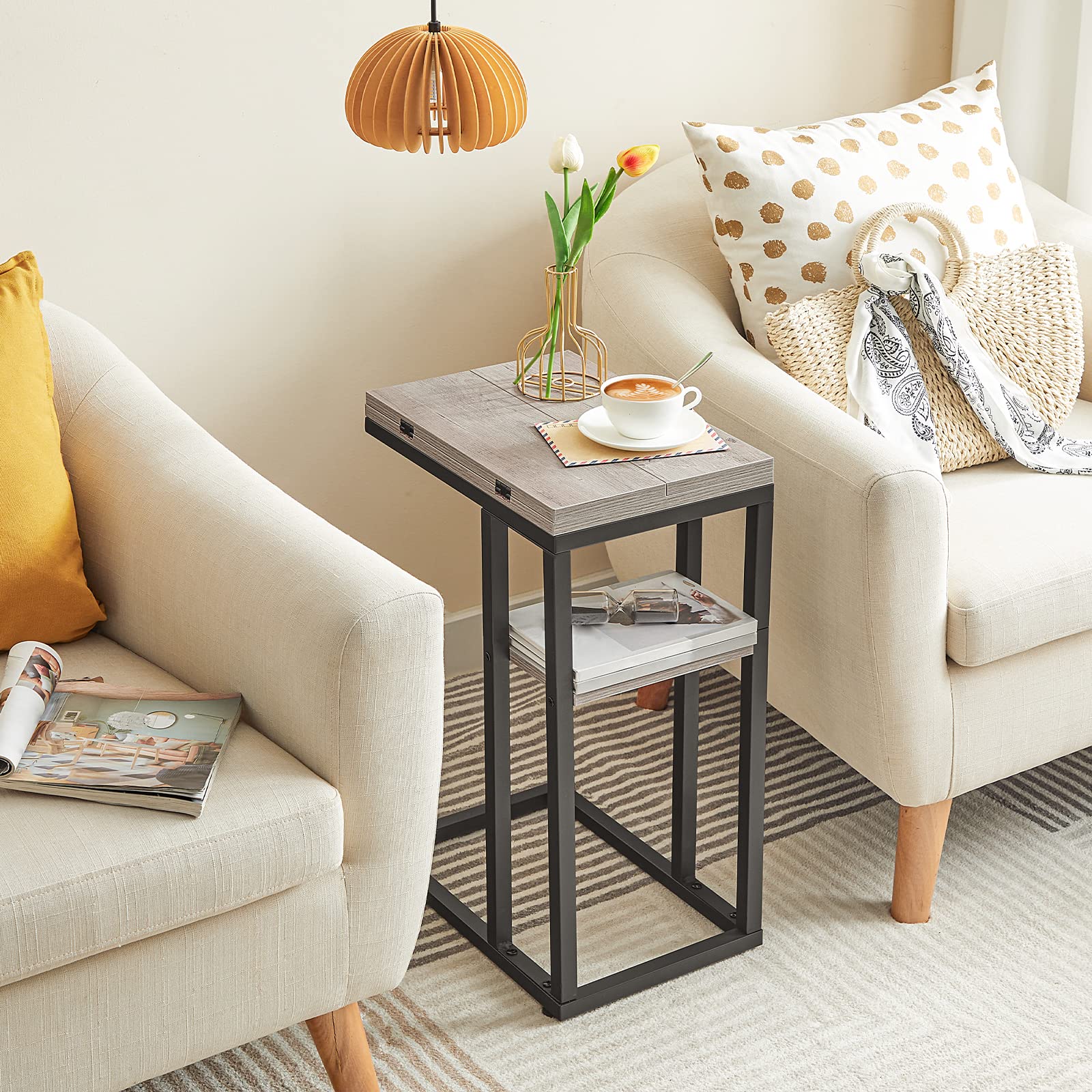 hoobro-side-tables-c-shape-table-d-appoint-greige-pliante-avec-poche image 2