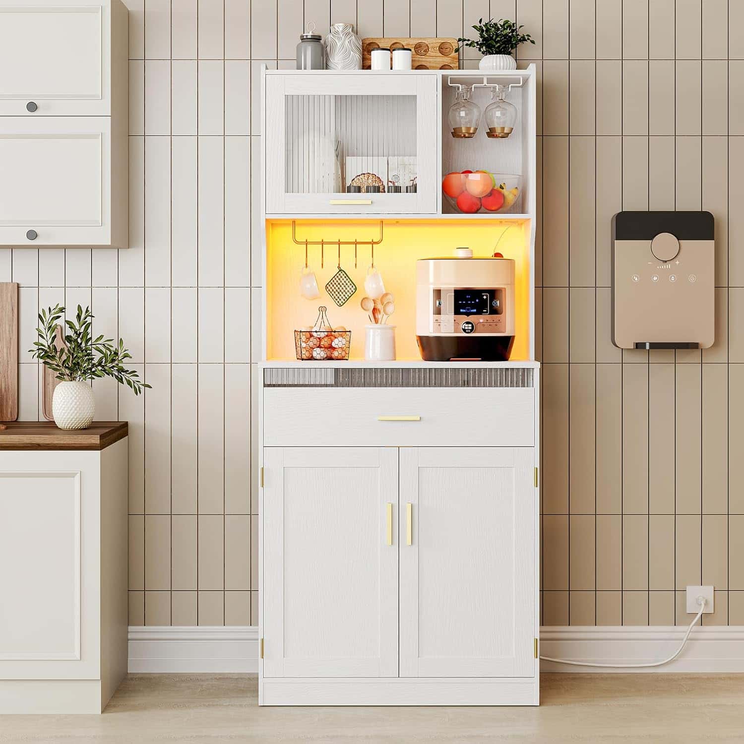 hoobro-armoire-cuisine-blanche-67-pouces-led-et-prises image 4