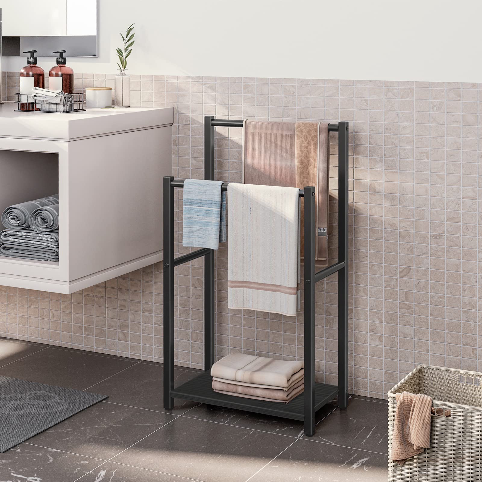 hoobro-bathroom-furniture-porte-serviettes-sur-pied-2-niveaux-noir image 2