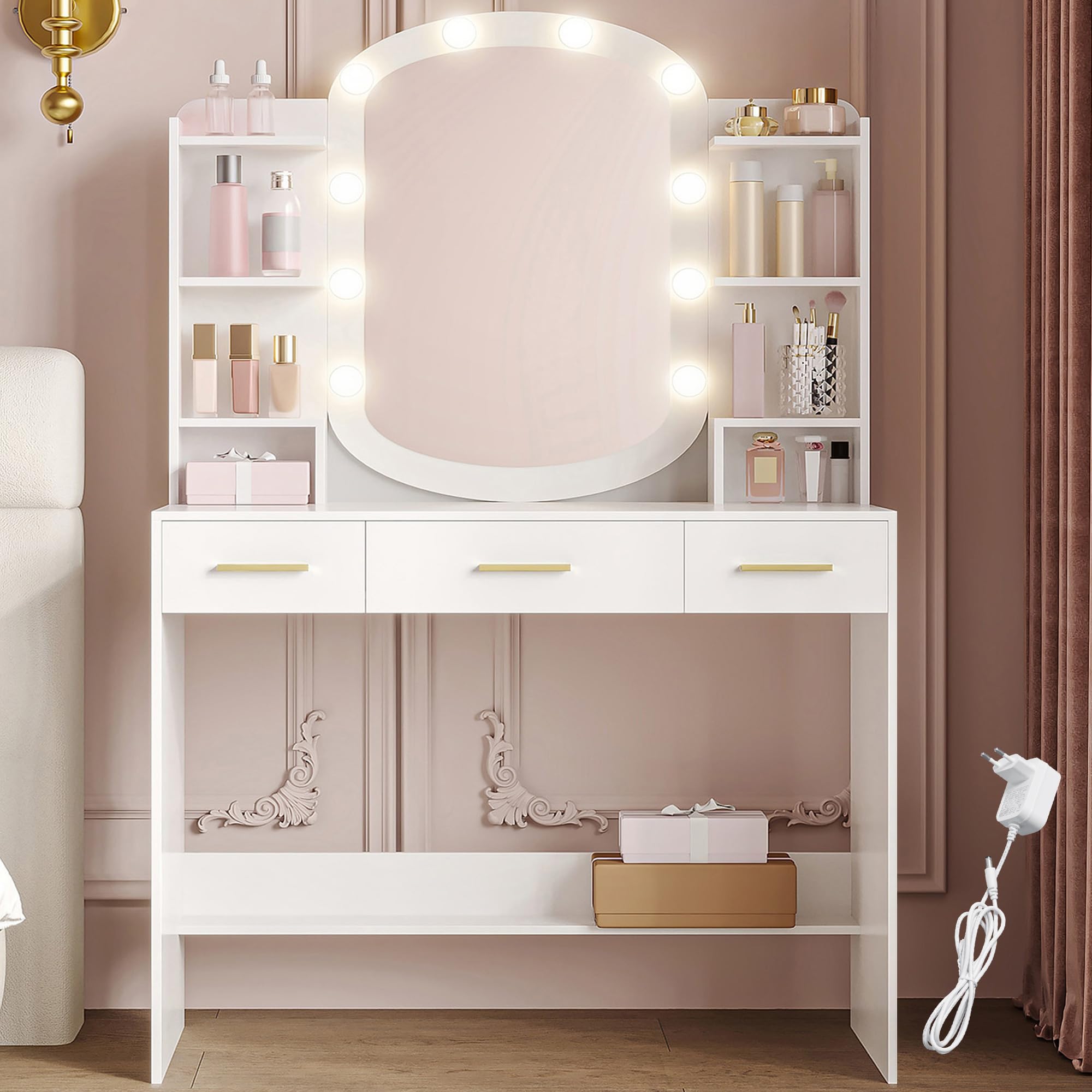 hexcelen-coiffeuse-avec-miroir-ovale-blanc-90-cm-led image 1