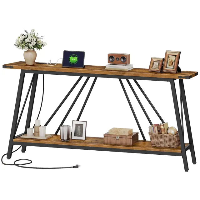 hoobro-console-table-console-entr-e-marron-2-niveaux-usb image 1