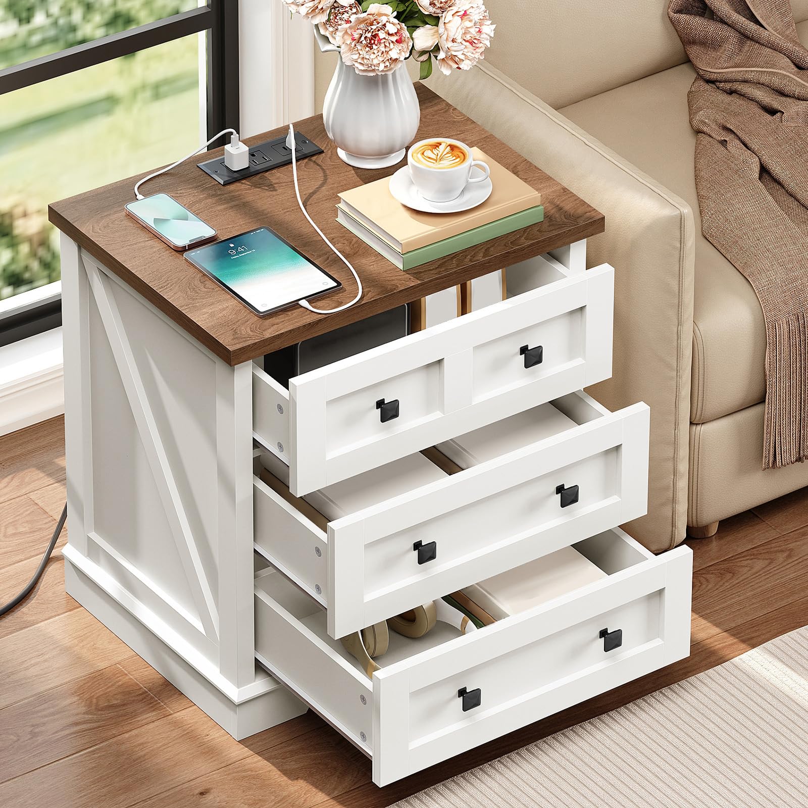hoobro-nightstands-table-de-chevet-blanche-3-tiroirs-chargeur image 5
