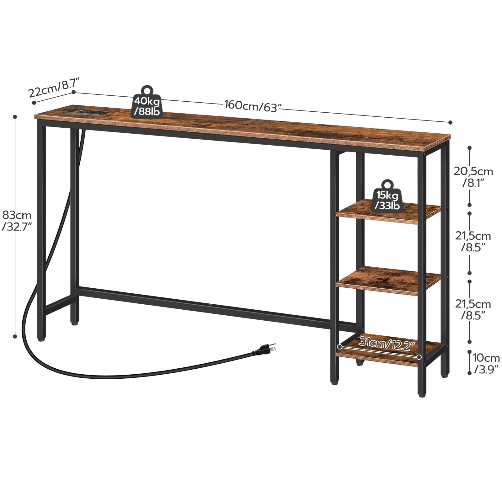 hoobro-console-table-console-marron-160-cm-avec-prises-usb image 3