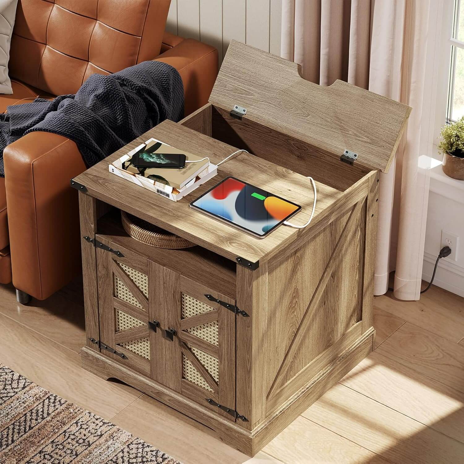 hoobro-side-tables-bout-de-canap-marron-prise-usb-rotin image 7
