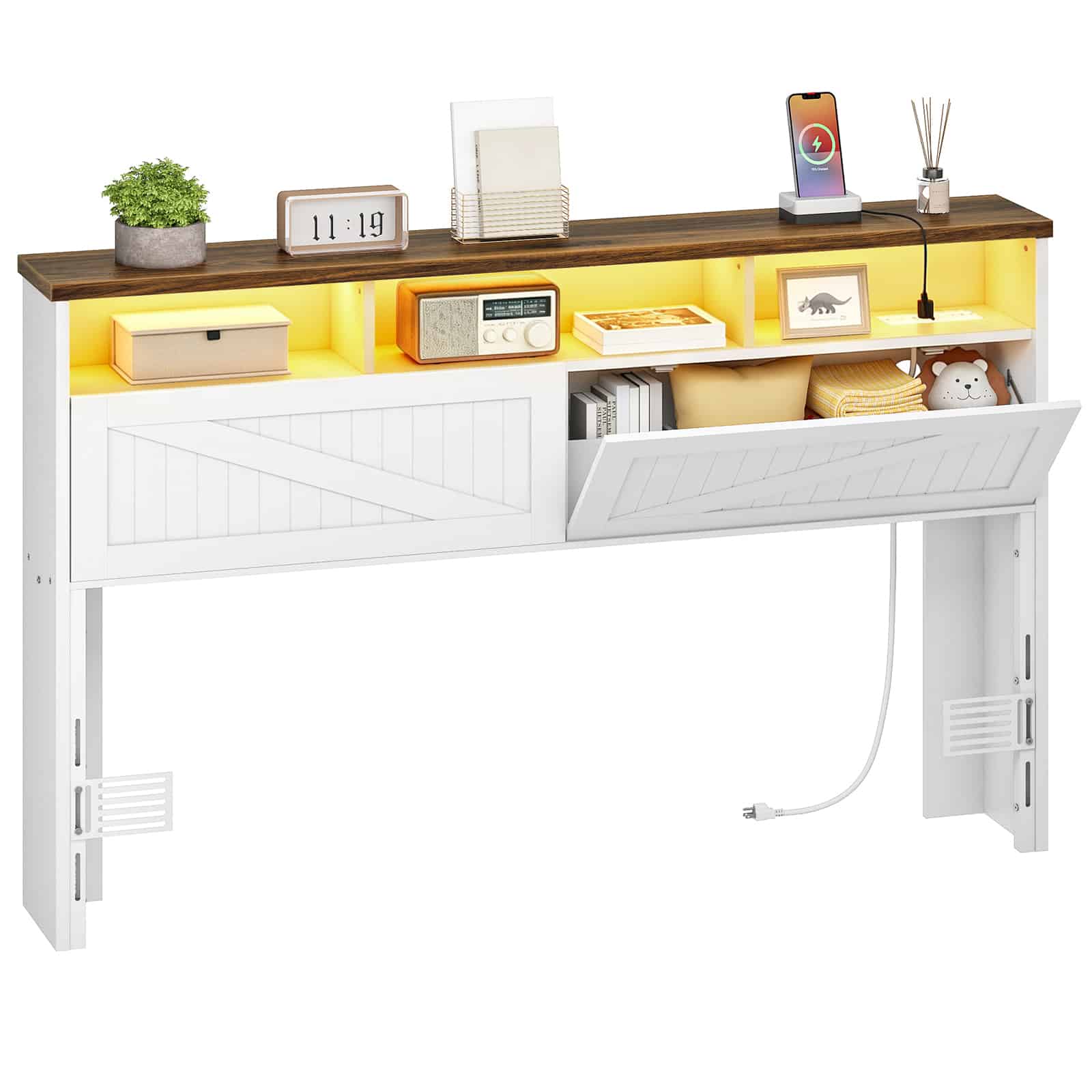 hoobro-t-te-de-lit-blanche-rangement-led-usb-biblioth-que image 1
