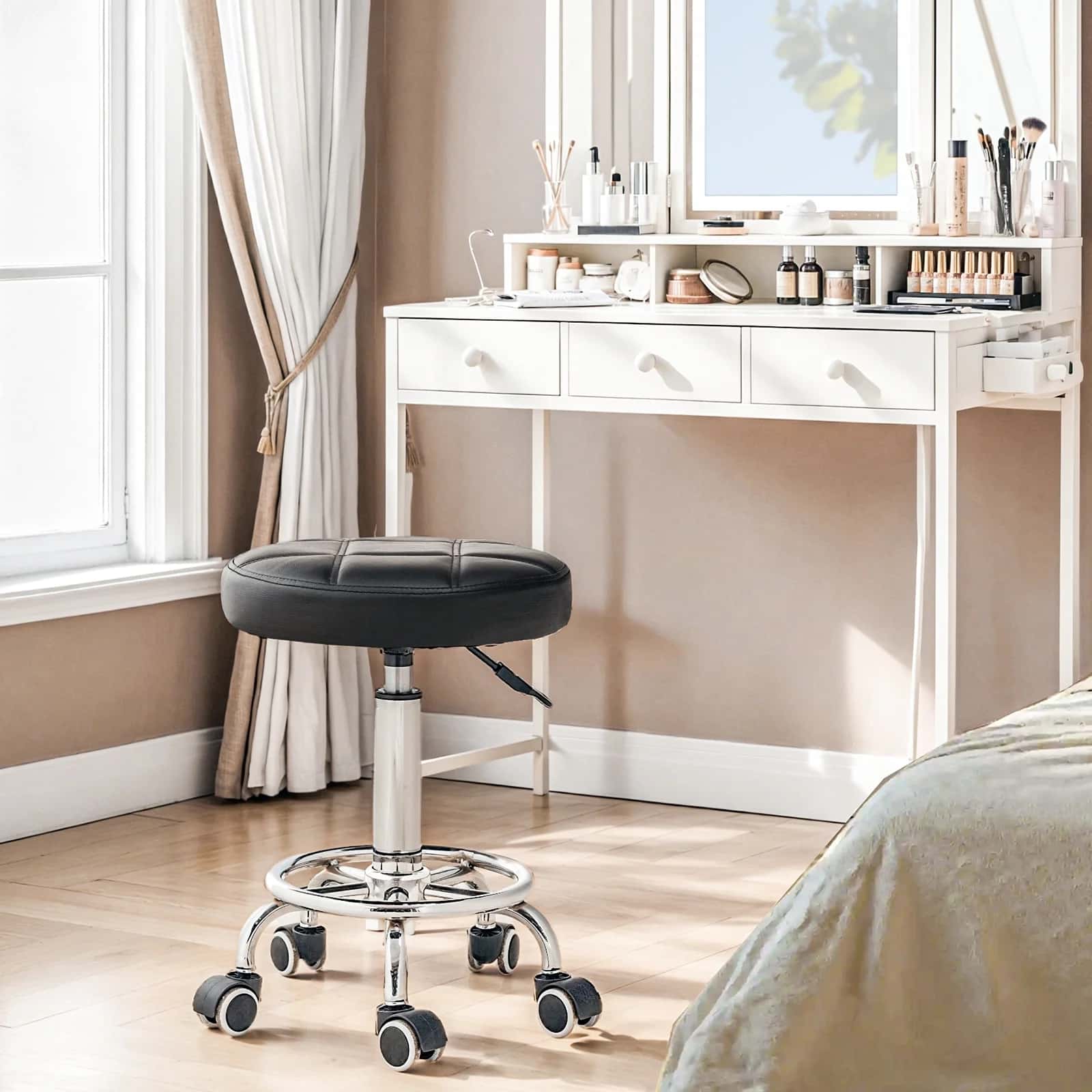 hoobro-tabouret-roulant-rond-r-glable-simili-cuir-noir image 2