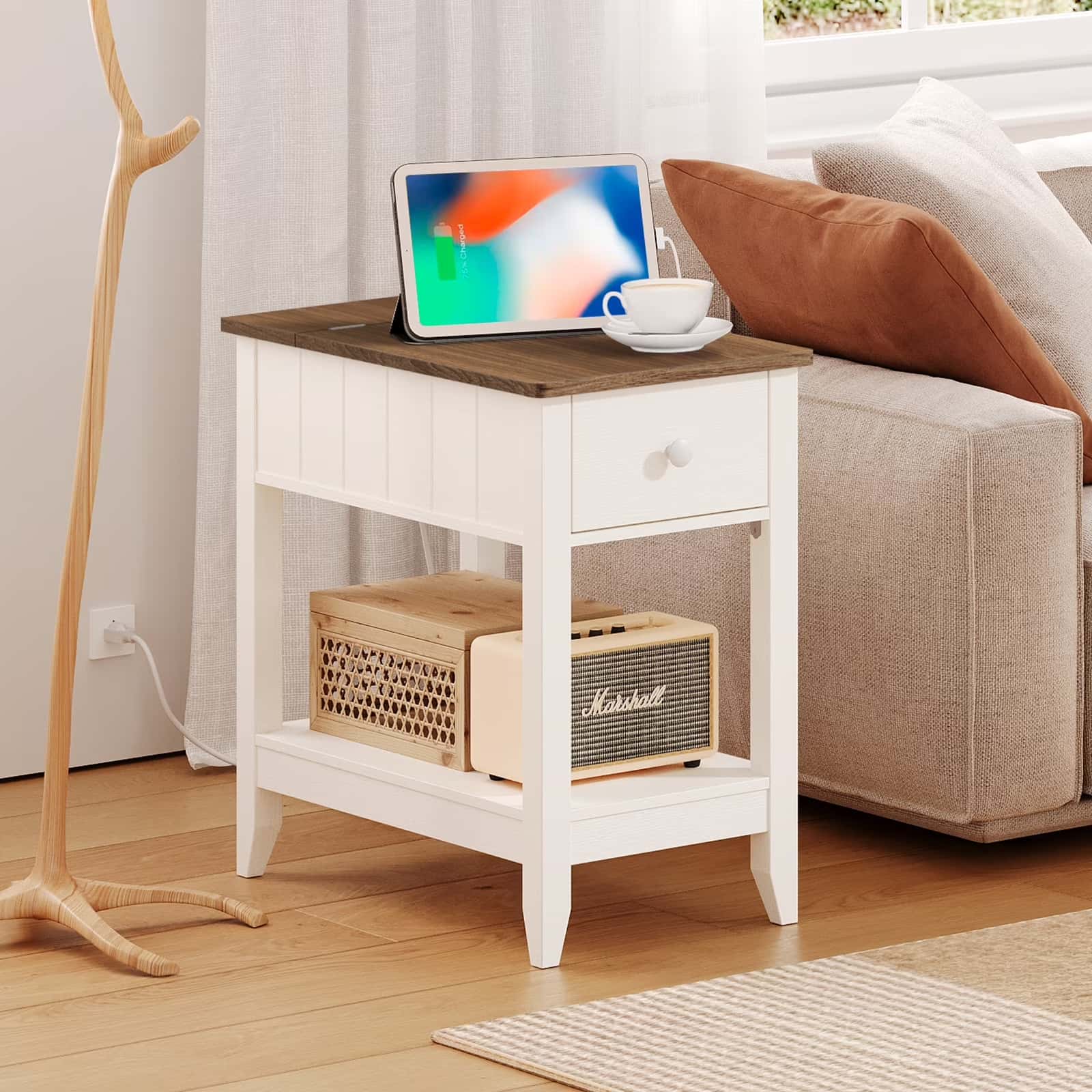 hoobro-side-tables-table-d-appoint-blanche-prises-usb image 2