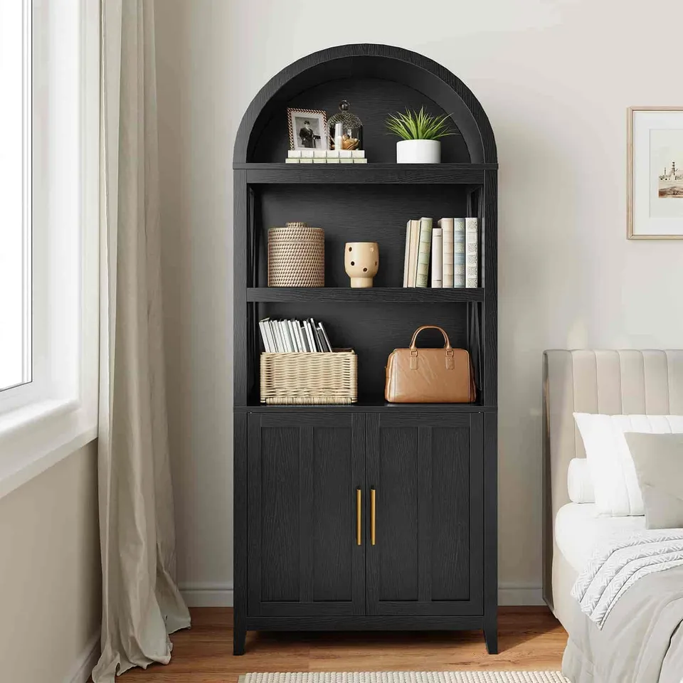 hoobro-biblioth-que-haute-71-pouces-noire-farmhouse-avec-portes image 1