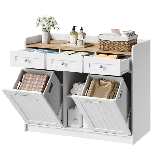 hoobro-panier-linge-meuble-blanc-2-paniers-3-tiroirs image 1