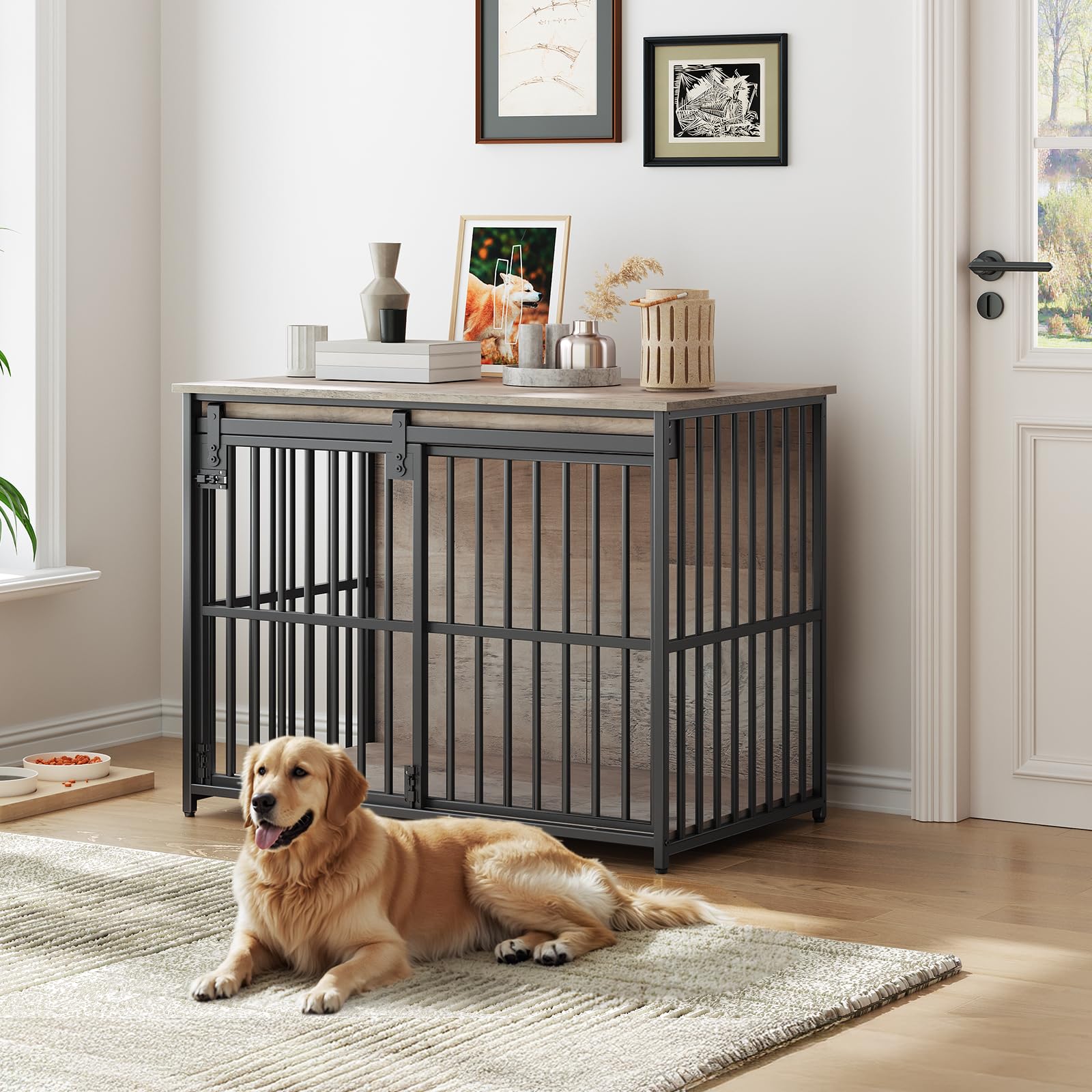 hoobro-cage-chien-bois-gris-porte-coulissante-niche-int-rieure image 2