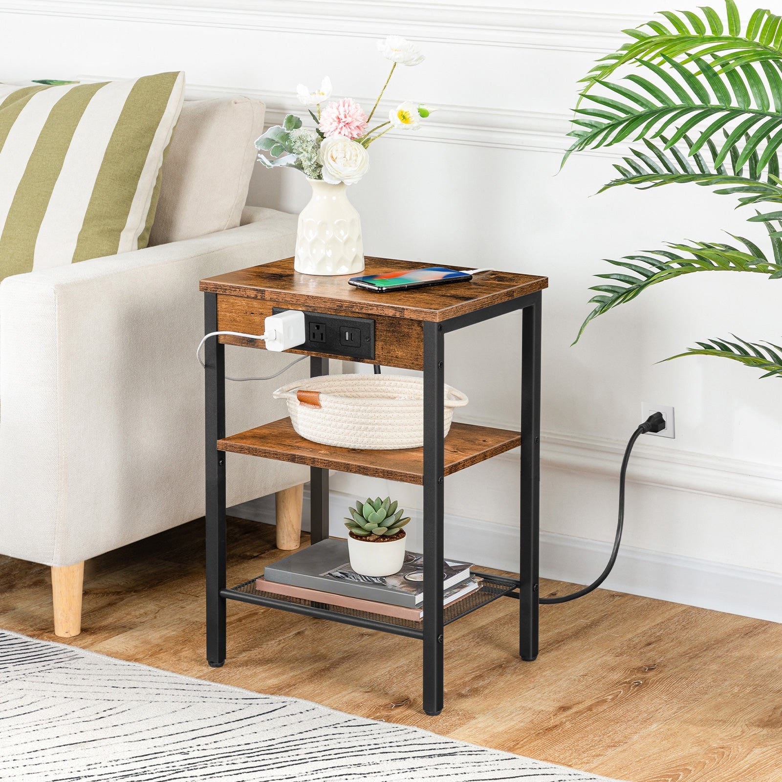hoobro-side-tables-3-niveaux-table-appoint-marron-usb image 2