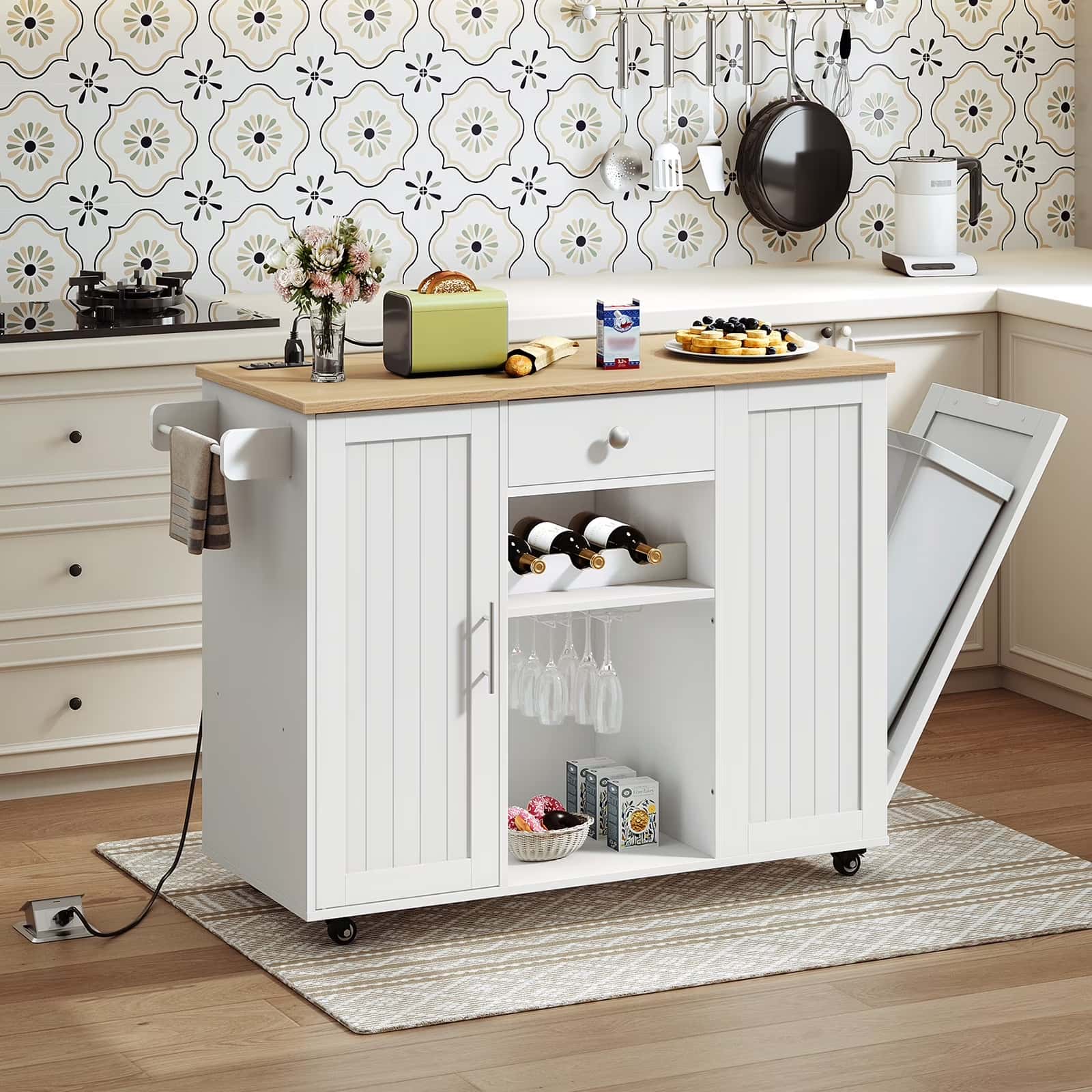 hoobro-lot-de-cuisine-desserte-blanche-roulettes-avec-prise image 2