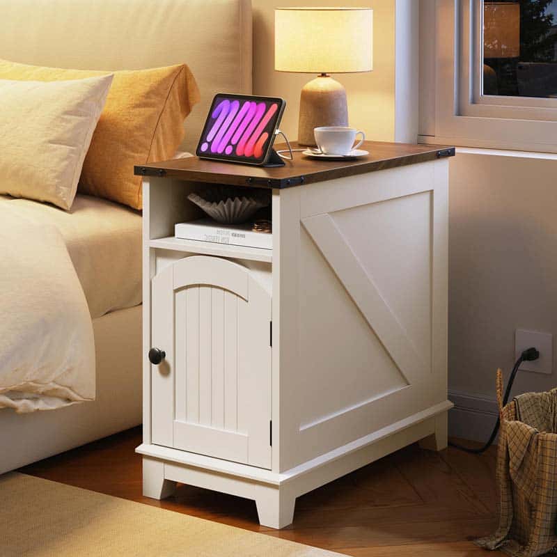 hoobro-side-tables-table-de-chevet-blanche-troite-avec-usb image 2