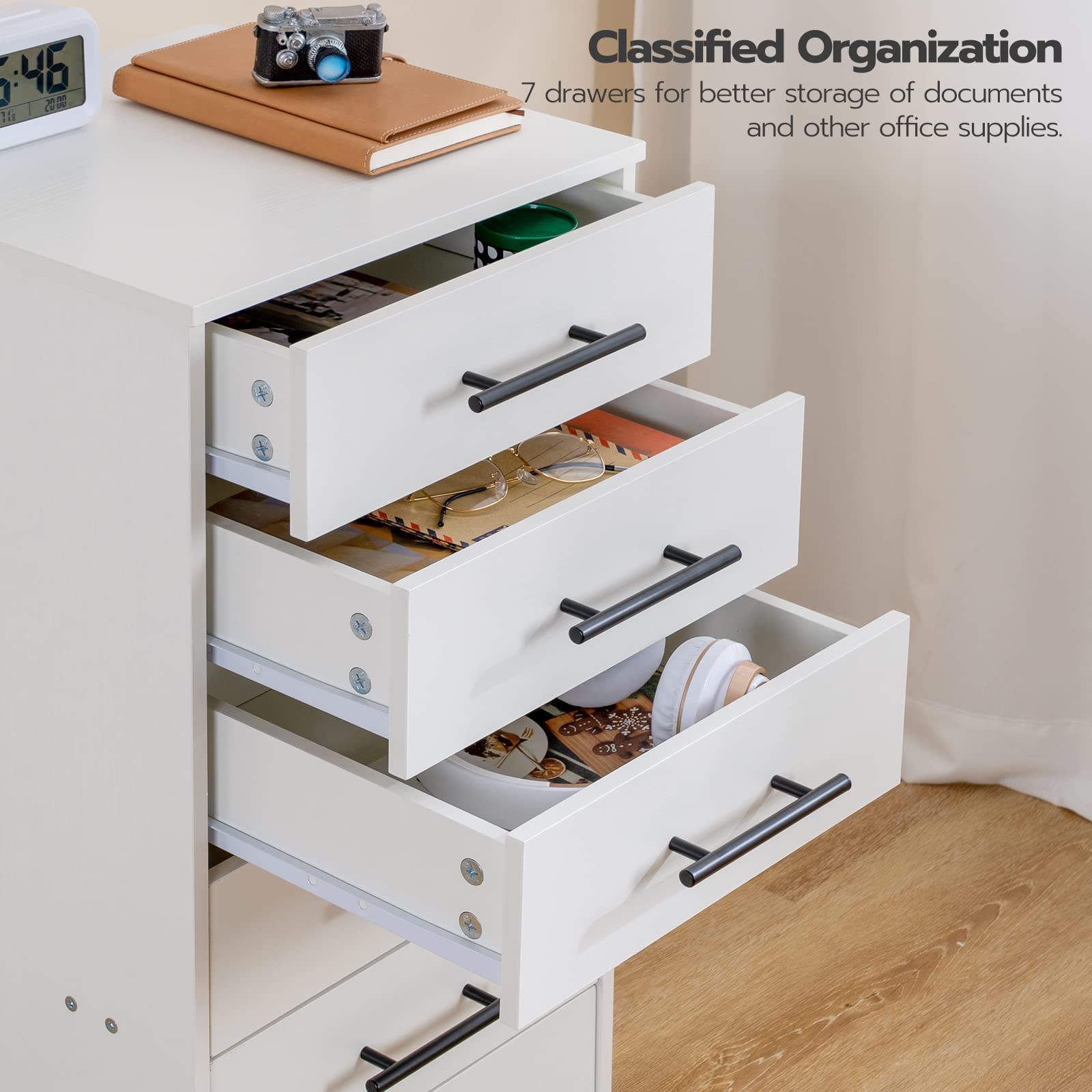 hoobro-caisson-bureau-7-tiroirs-blanc-roulettes-bois image 5