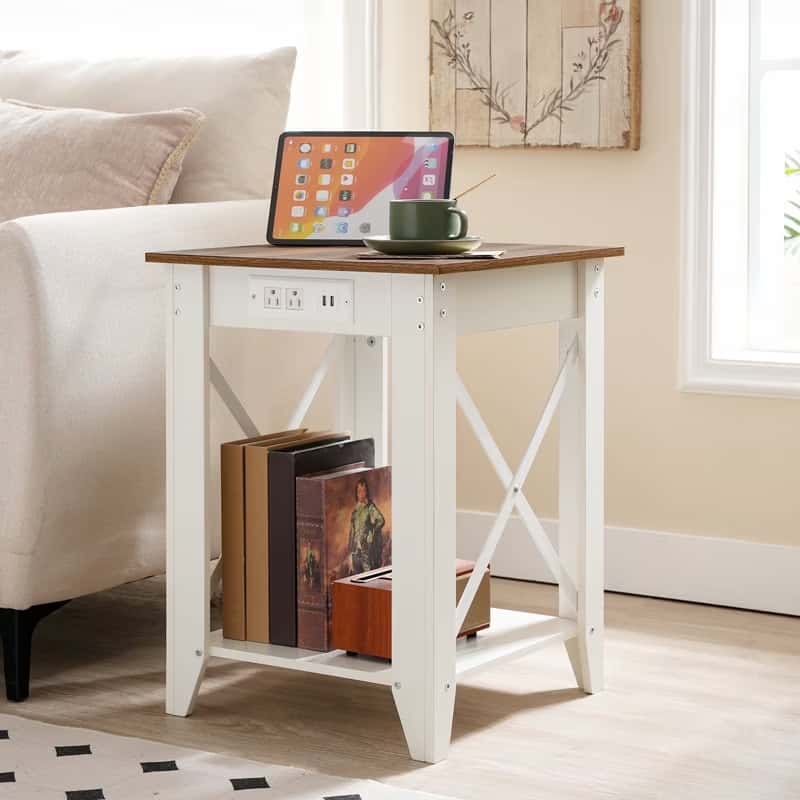 hoobro-side-tables-table-appoint-blanche-usb-2-niveaux image 2