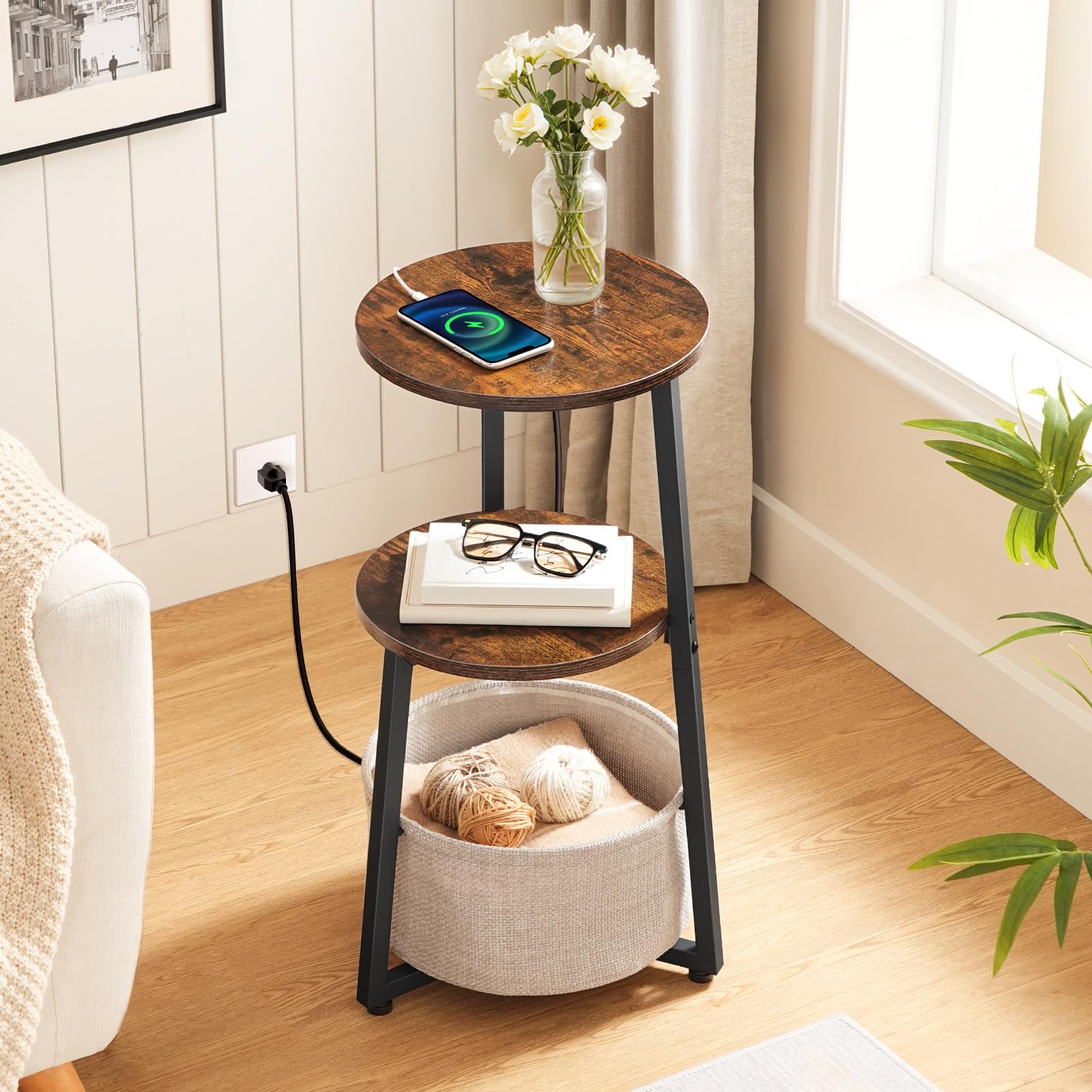 hoobro-side-tables-table-ronde-panier-marron-avec-prise image 2