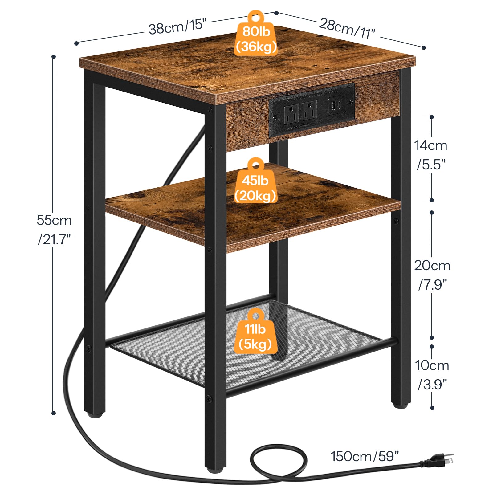 hoobro-side-tables-3-niveaux-table-appoint-marron-usb image 3