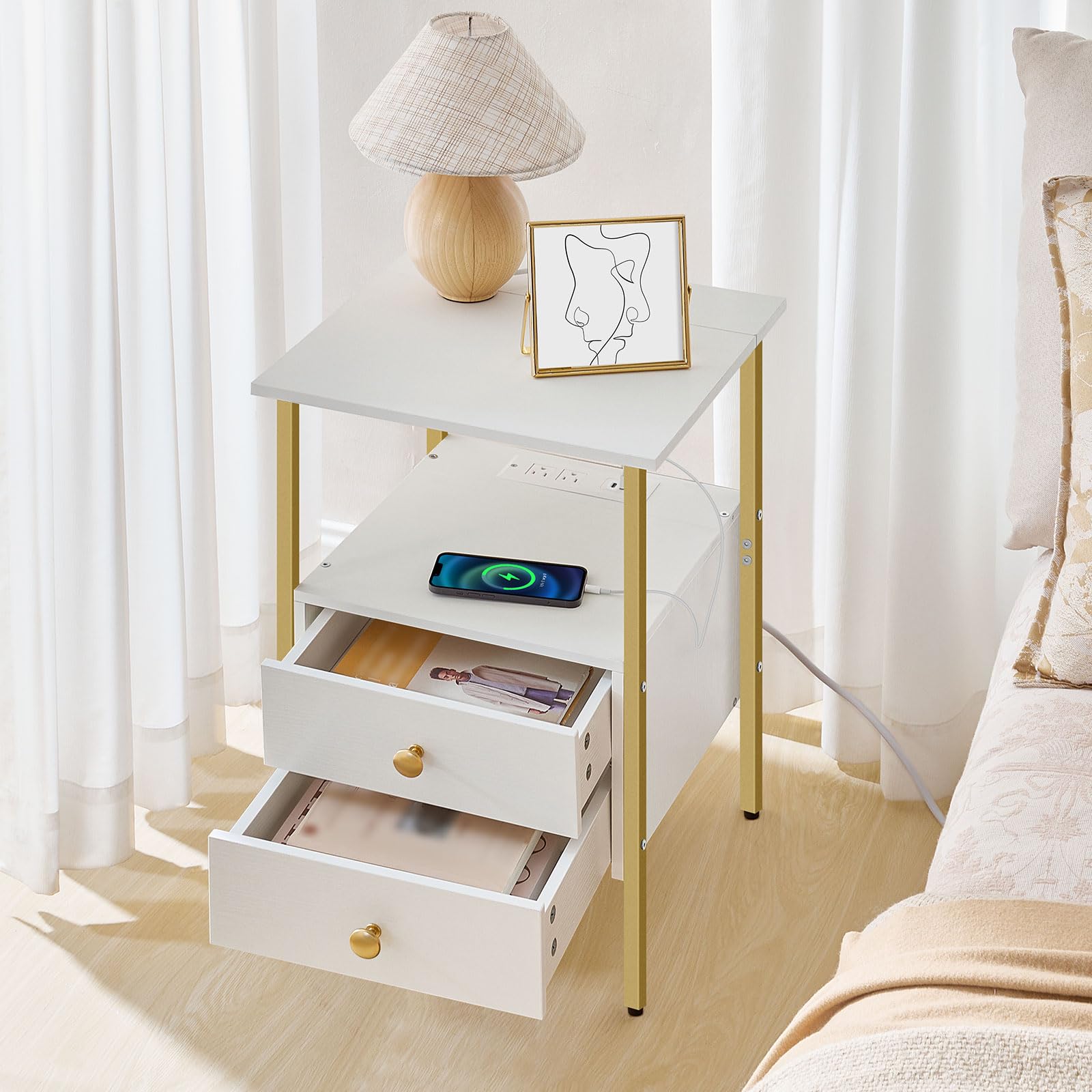 hoobro-table-de-chevet-blanche-2-tiroirs-prise-usb image 4