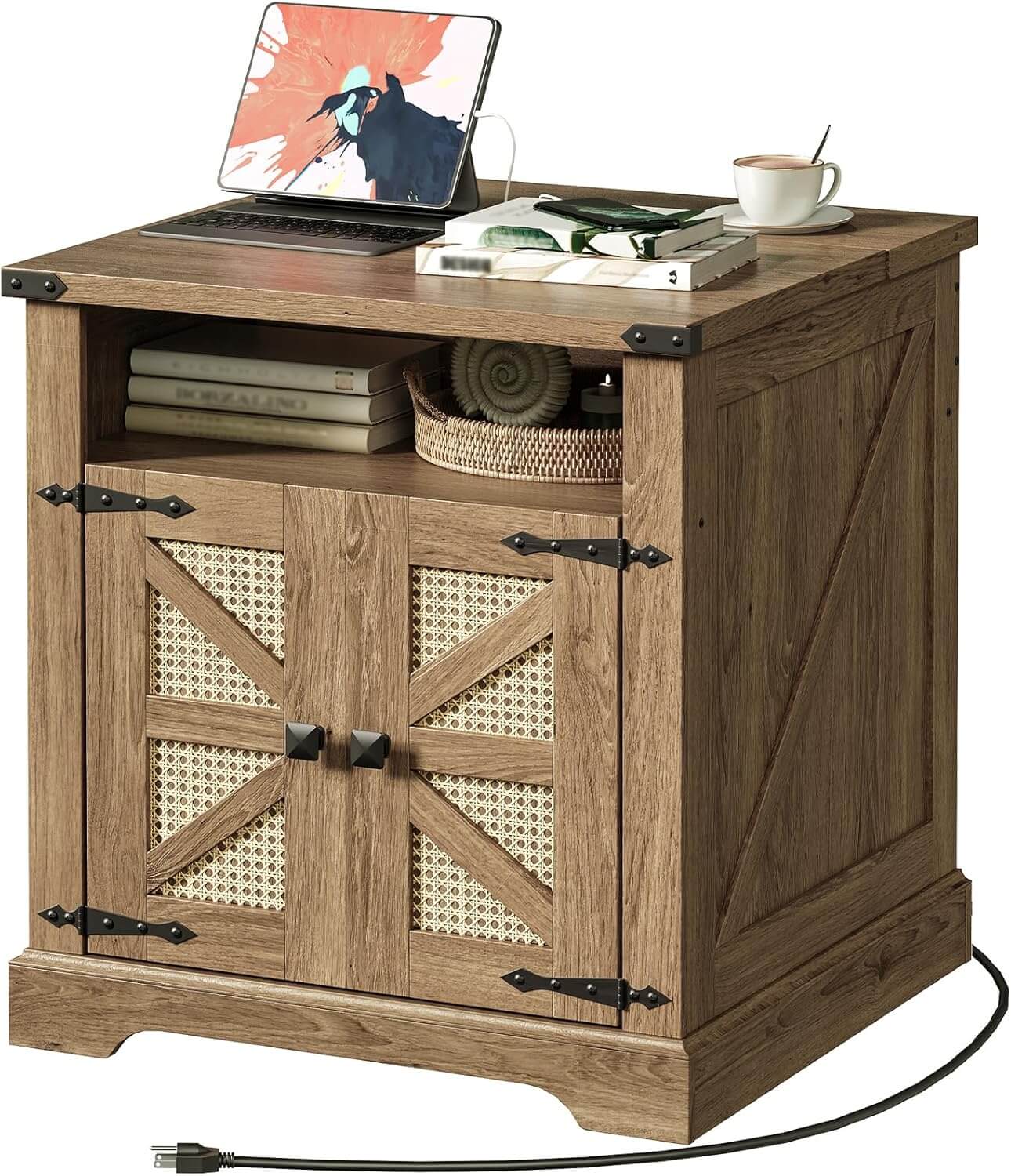 hoobro-side-tables-bout-de-canap-marron-prise-usb-rotin image 1