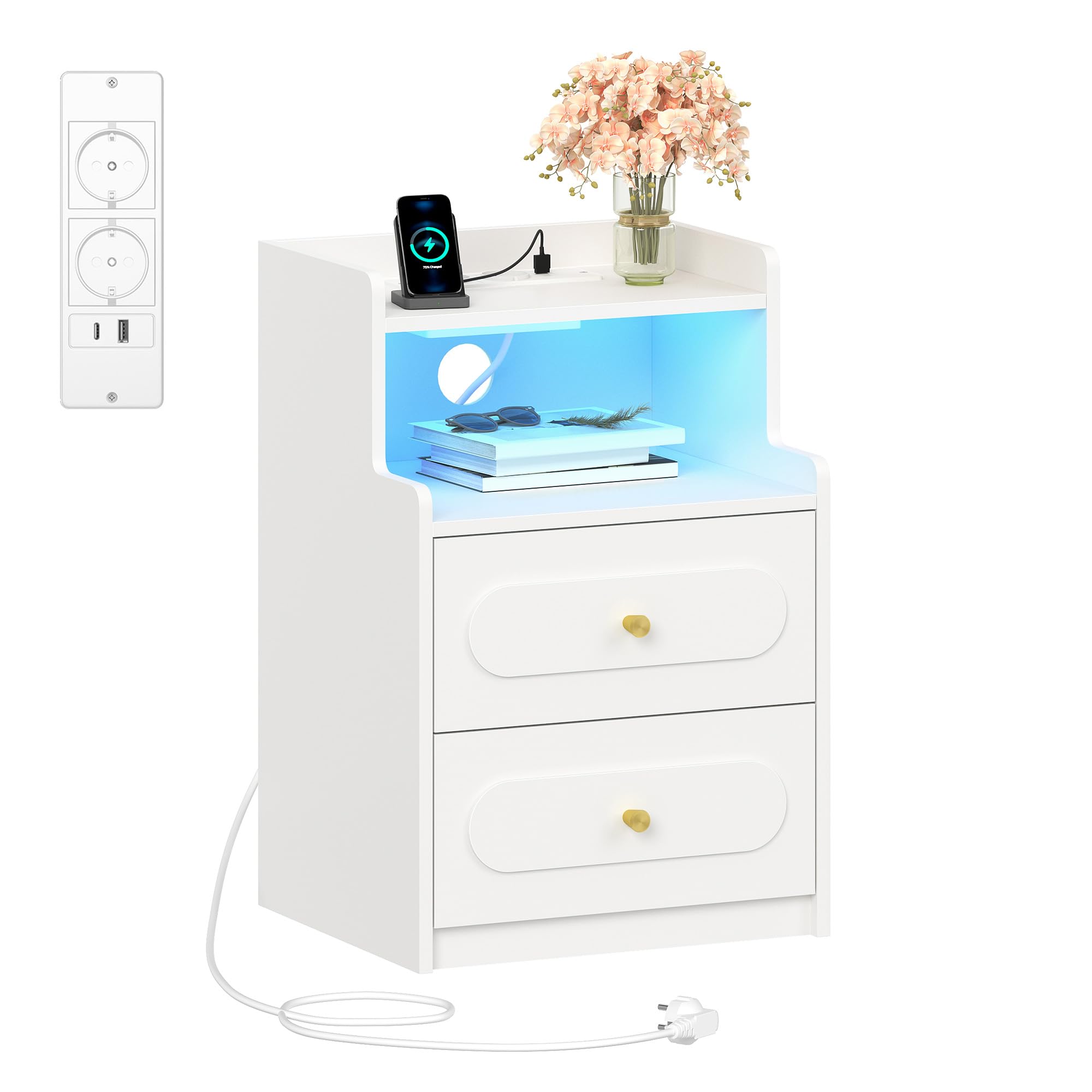 hexcelen-table-de-chevet-led-blanc-usb-2-tiroirs image 1