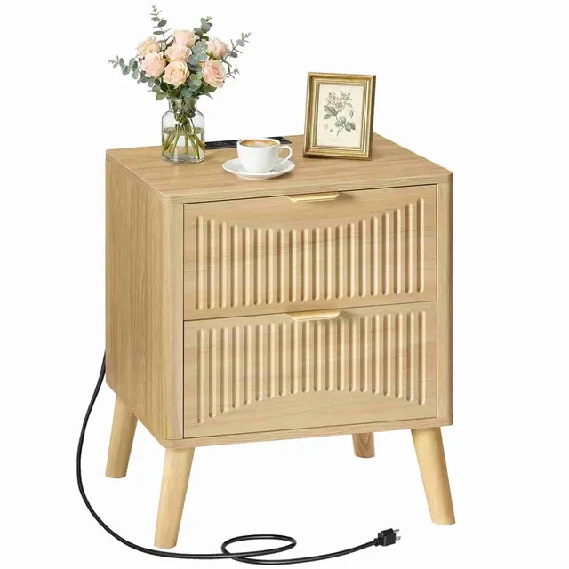 hoobro-table-de-chevet-ch-ne-2-tiroirs-naturelle-avec-prise image 1