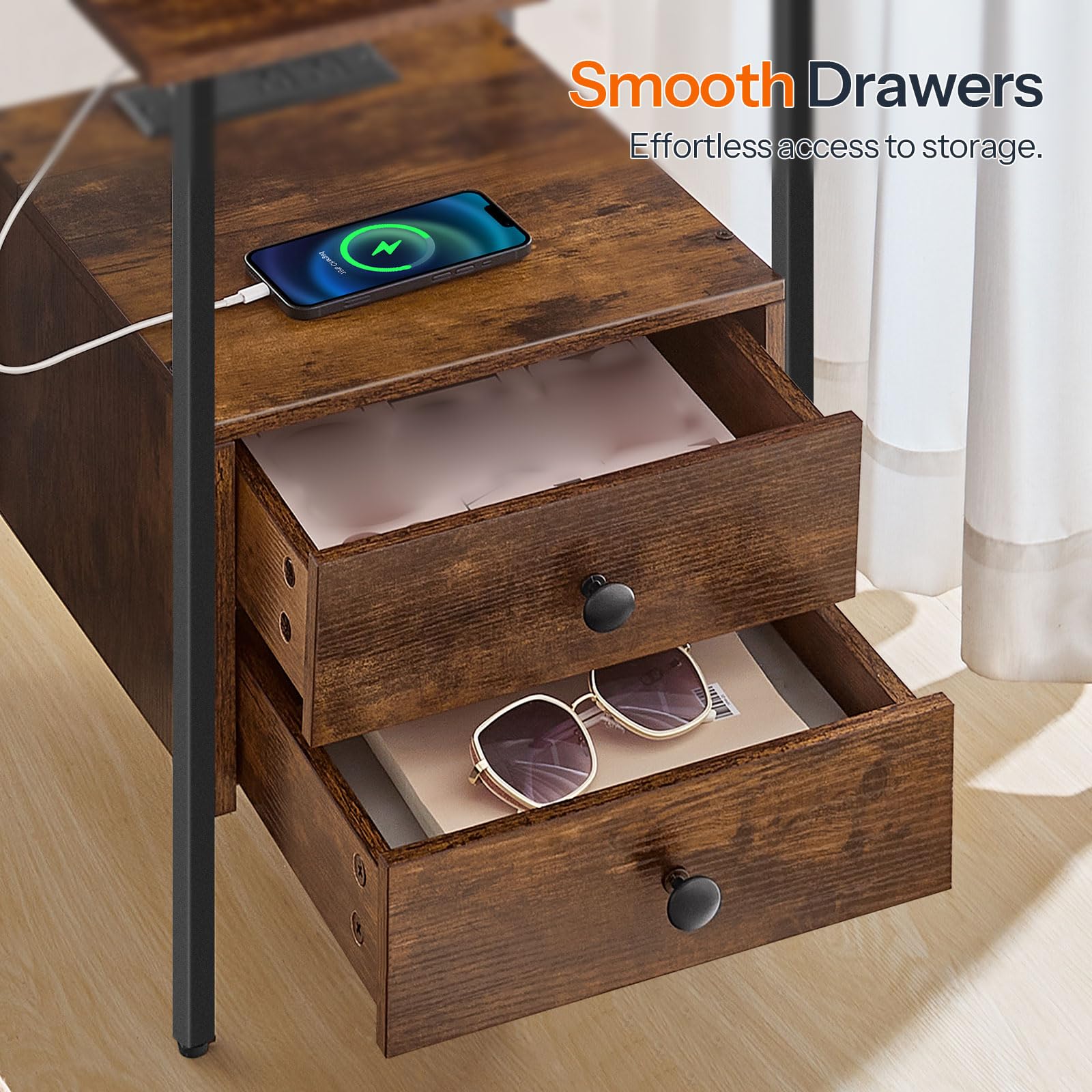 hoobro-lot-2-tables-de-chevet-marron-prise-usb-2-tiroirs image 7