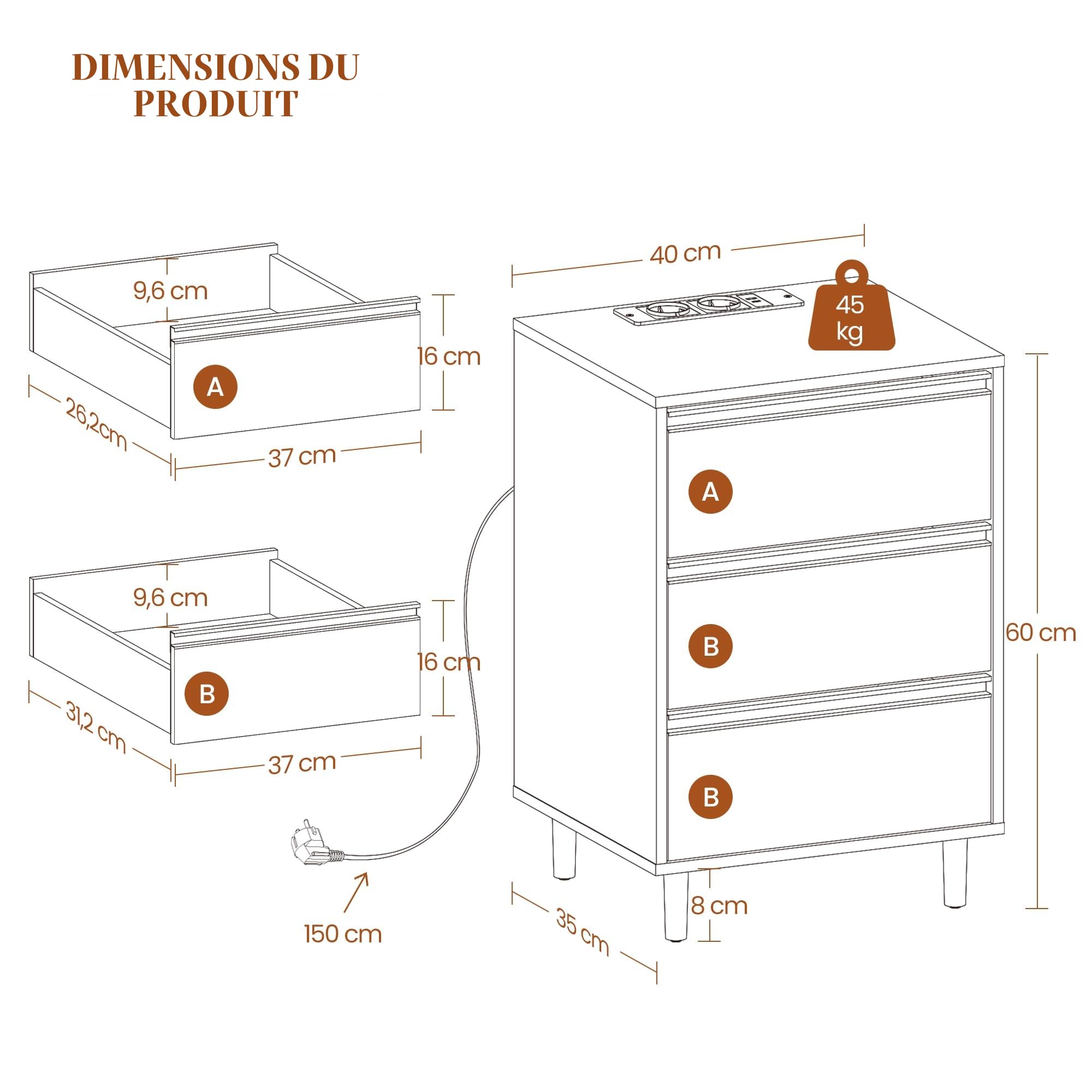 hexcelen-tables-de-chevet-lot-2-tables-nuit-blanches-prises-usb image 3