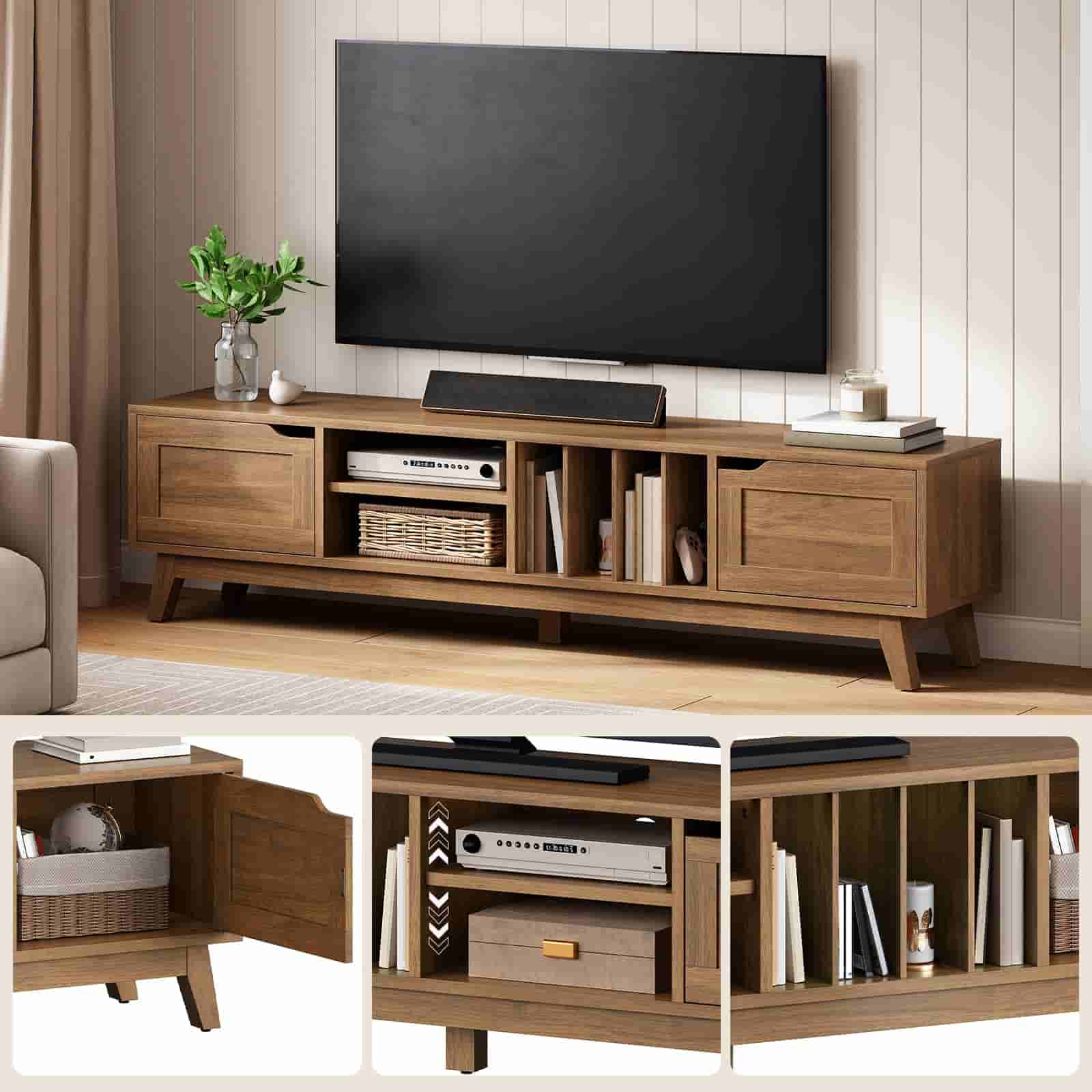 hoobro-meuble-tv-85-pouces-marron-2-portes-vintage image 5