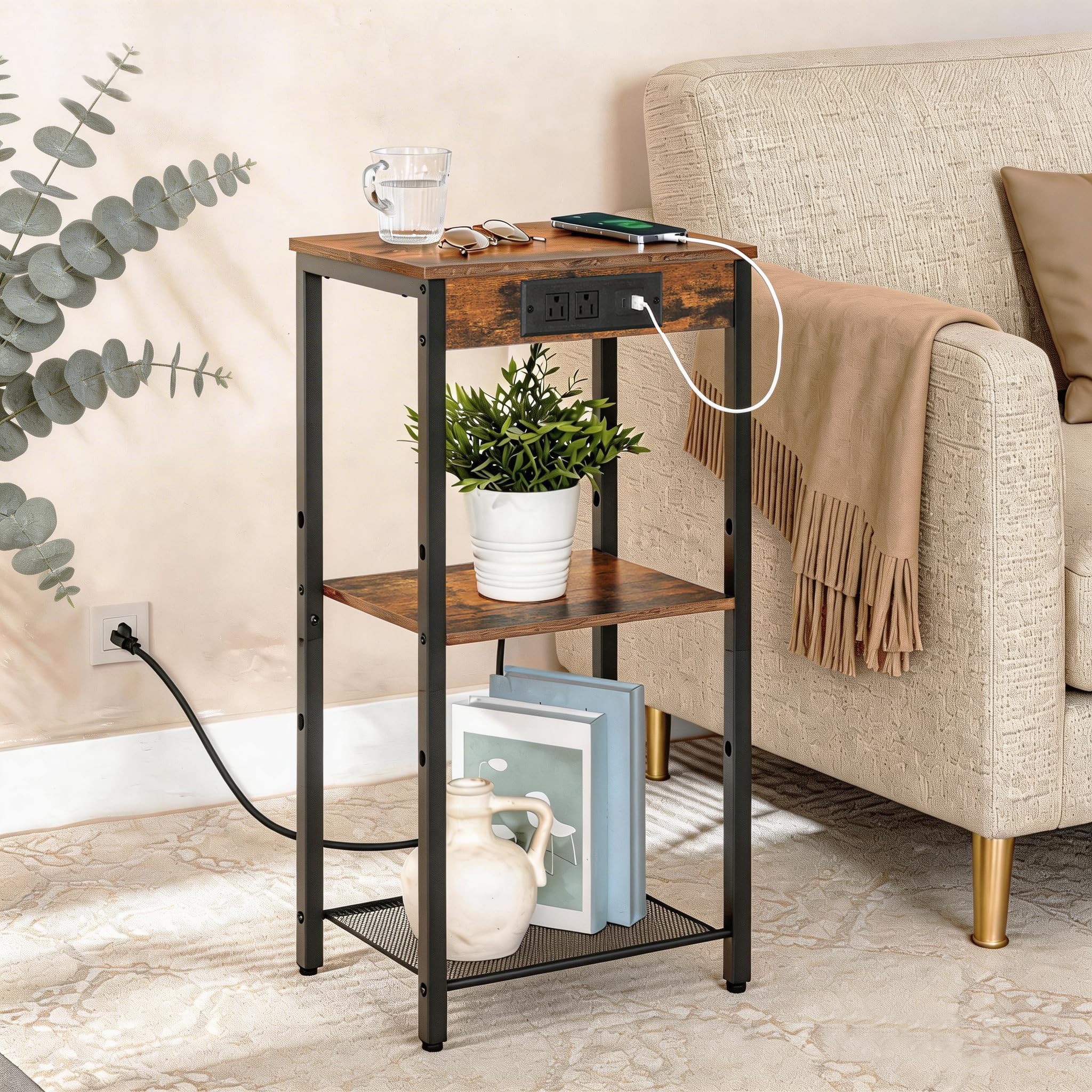 hoobro-side-tables-bout-canap-haut-marron-usb image 2