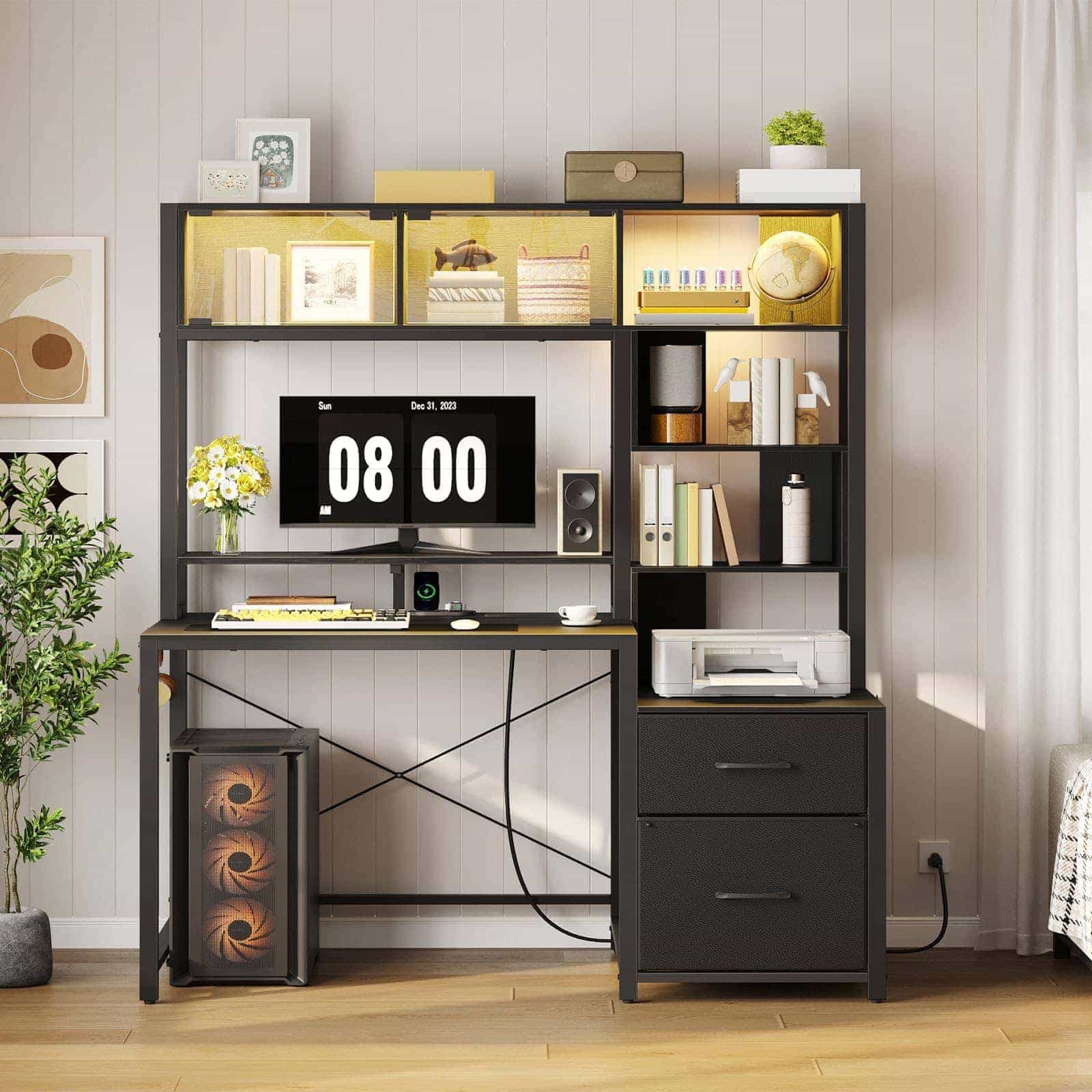 hoobro-bureau-gaming-angle-led-noir-avec-tiroirs image 2