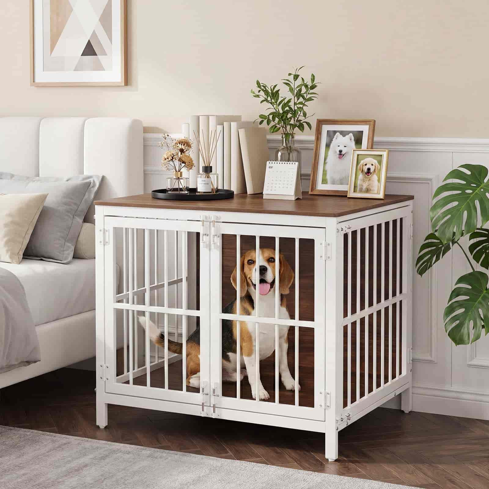 hoobro-cage-chien-bois-blanche-100-cm-3-portes-meuble image 5