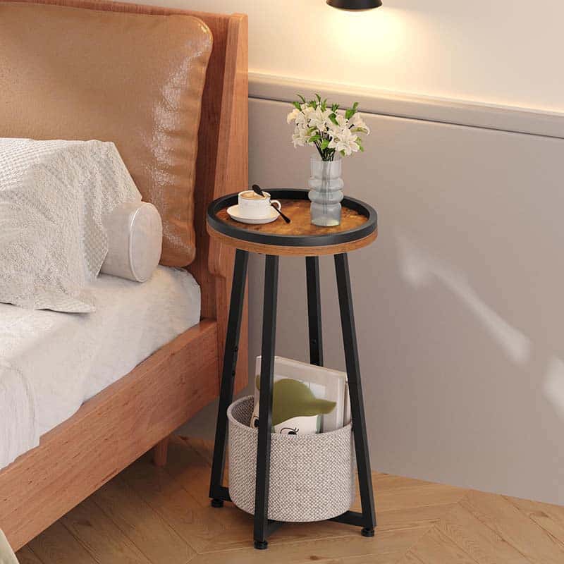 hoobro-side-tables-table-d-appoint-ronde-marron-panier-tissu image 5