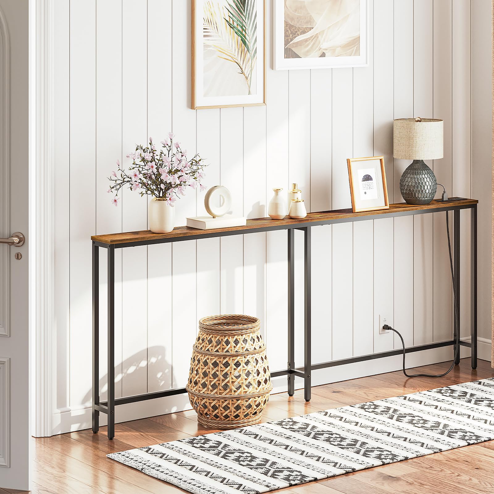 hoobro-console-table-78-7-pouces-table-console-marron-prise-usb image 2